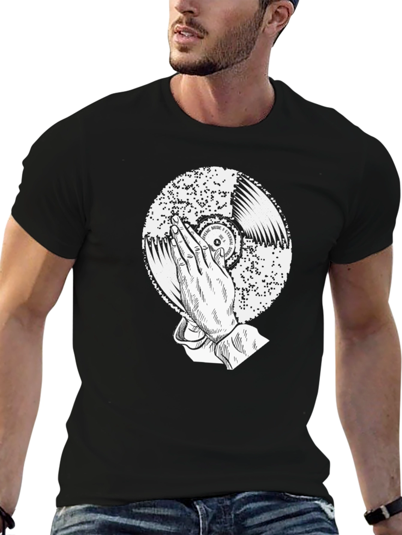 Black Black Graphic Tee: Praying Hands Record Design view 6