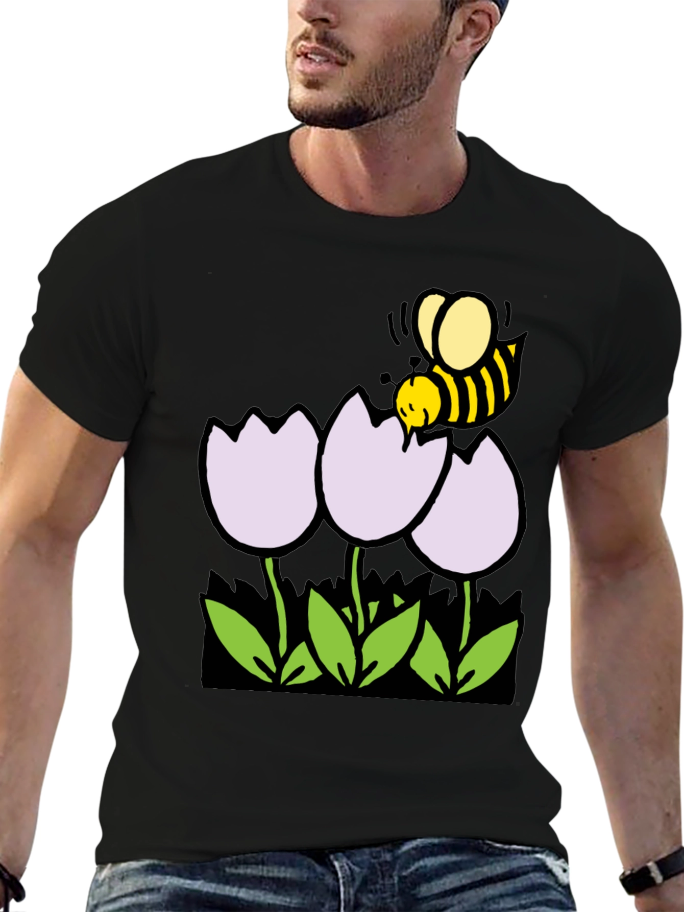Black Bee and Flowers Graphic T-Shirt - Black Casual Tee view 6