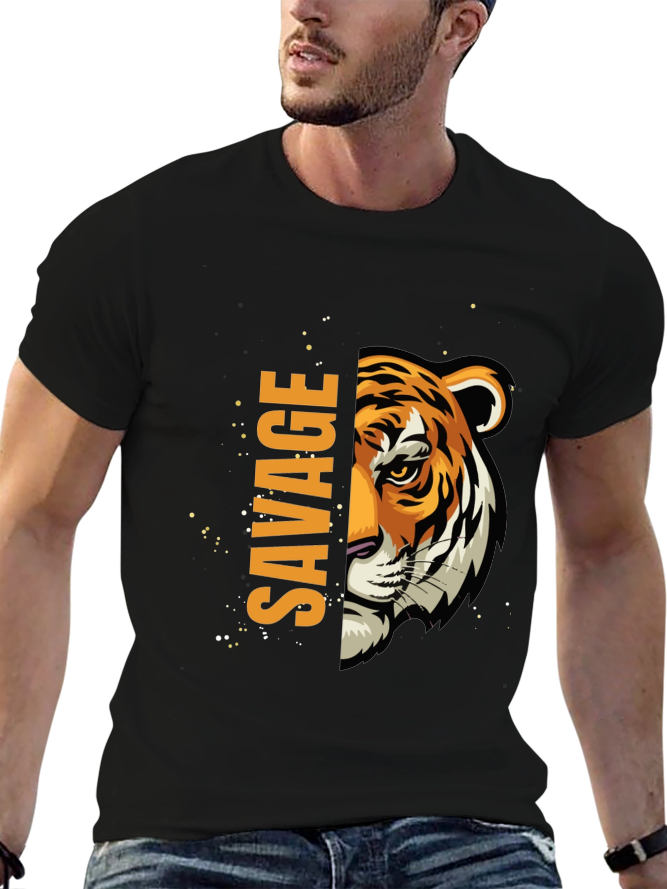 Black Savage Tiger Graphic Print Men's Black T-Shirt view 6