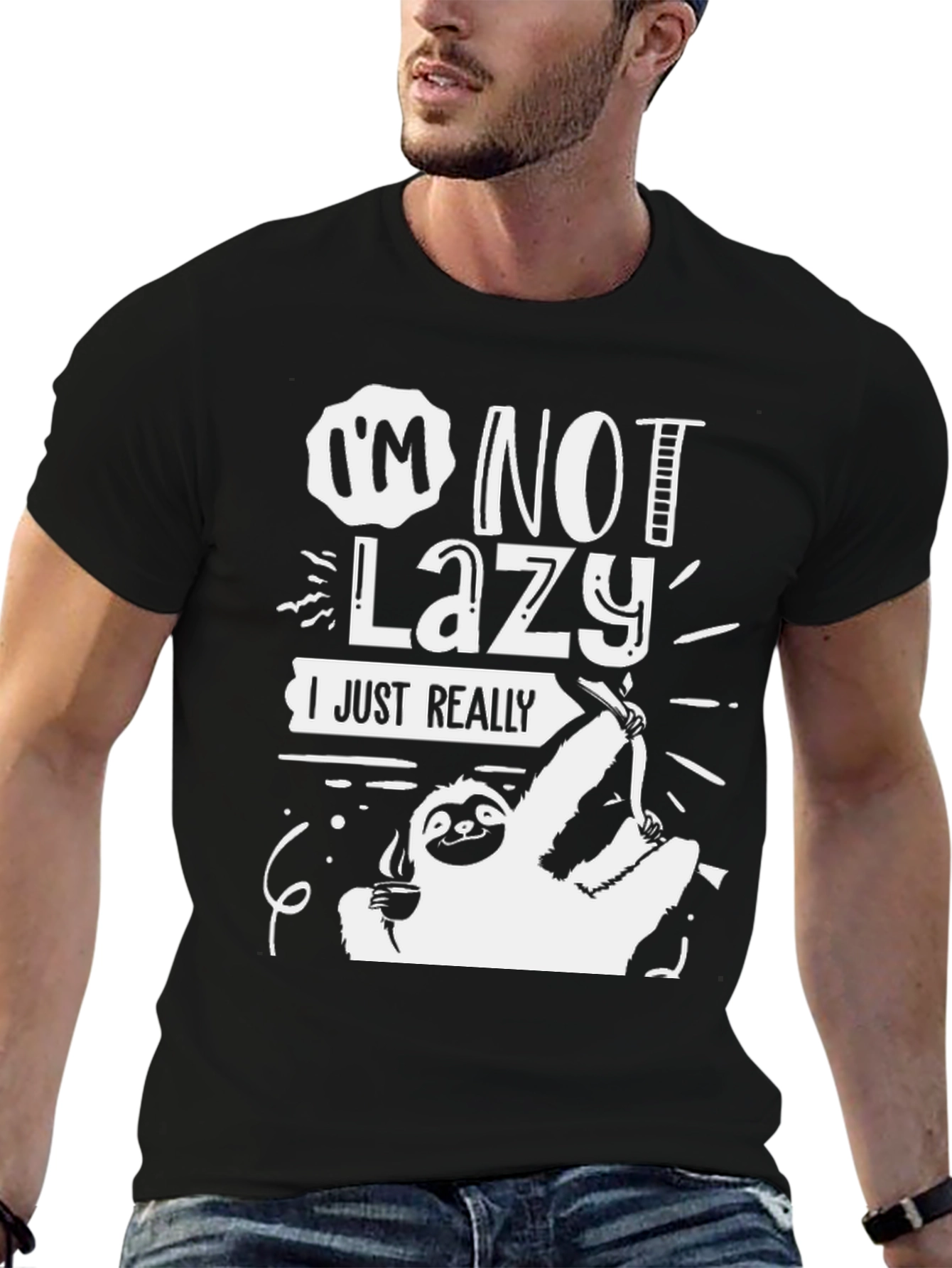Black I'm Not Lazy, Sloth Graphic Tee - Black Cotton view 6