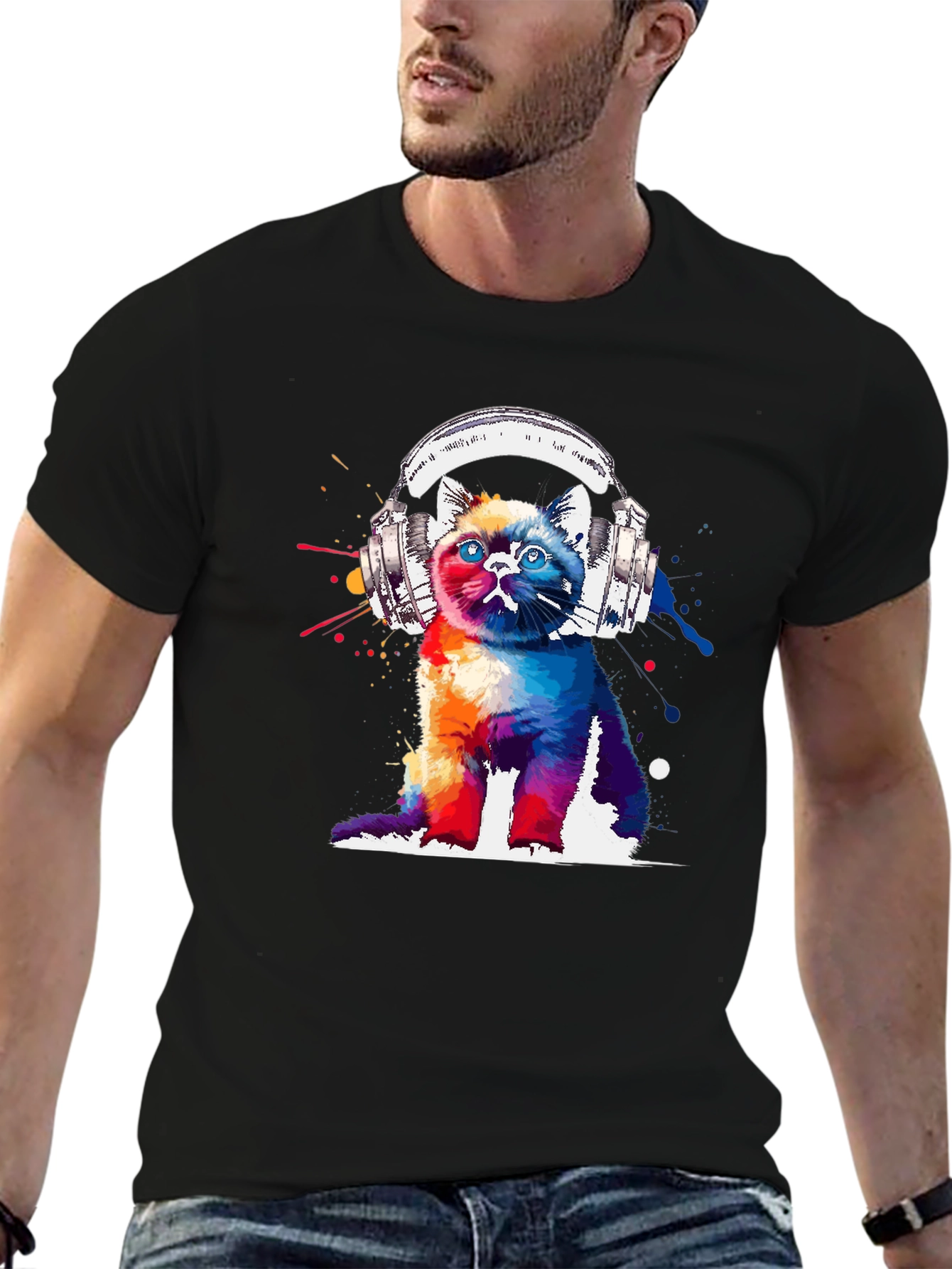 Black Colorful Cat Headphones Graphic T-Shirt view 6