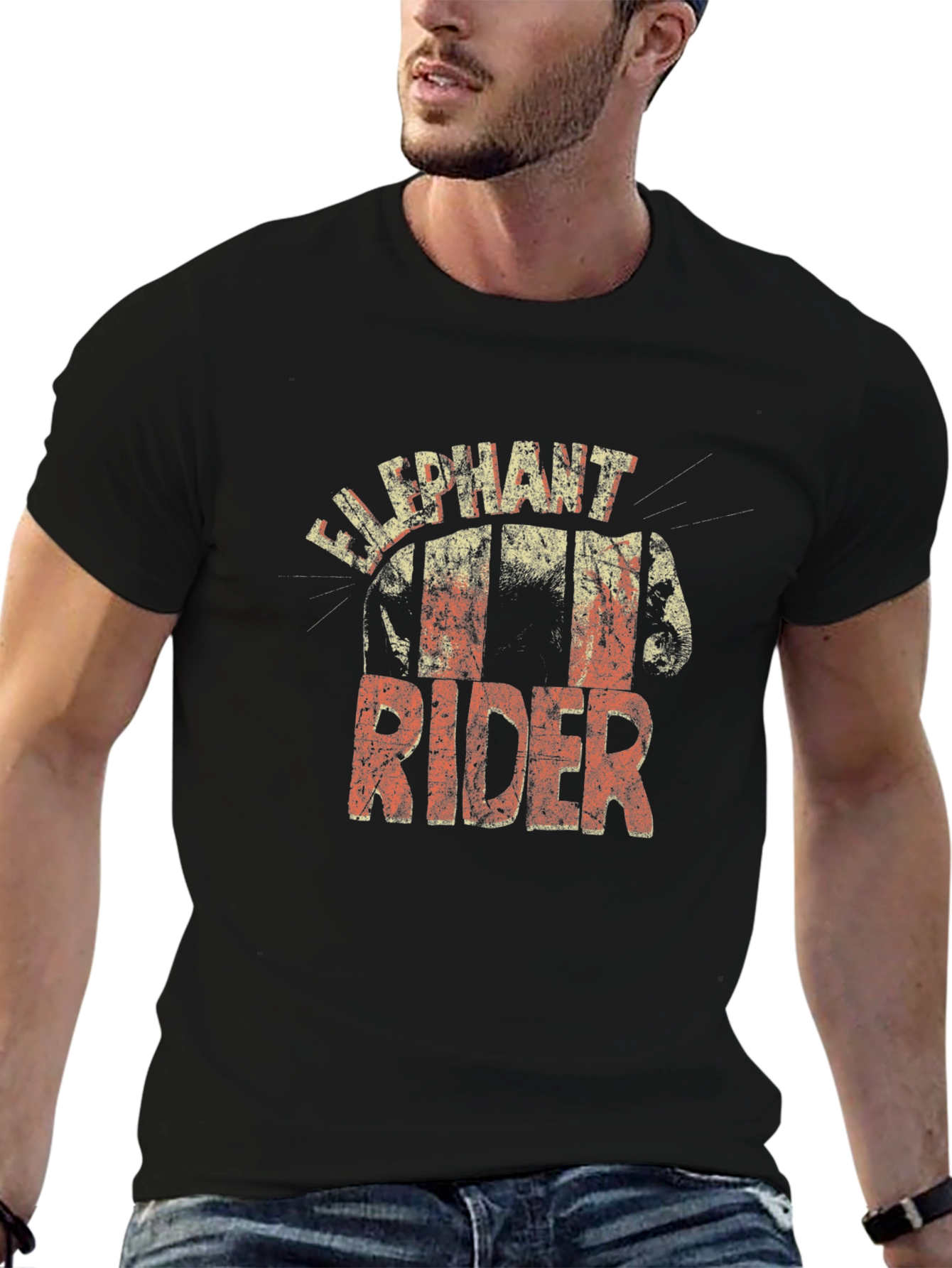 Black Elephant Rider Graphic Tee - Unique Distressed Design view 6