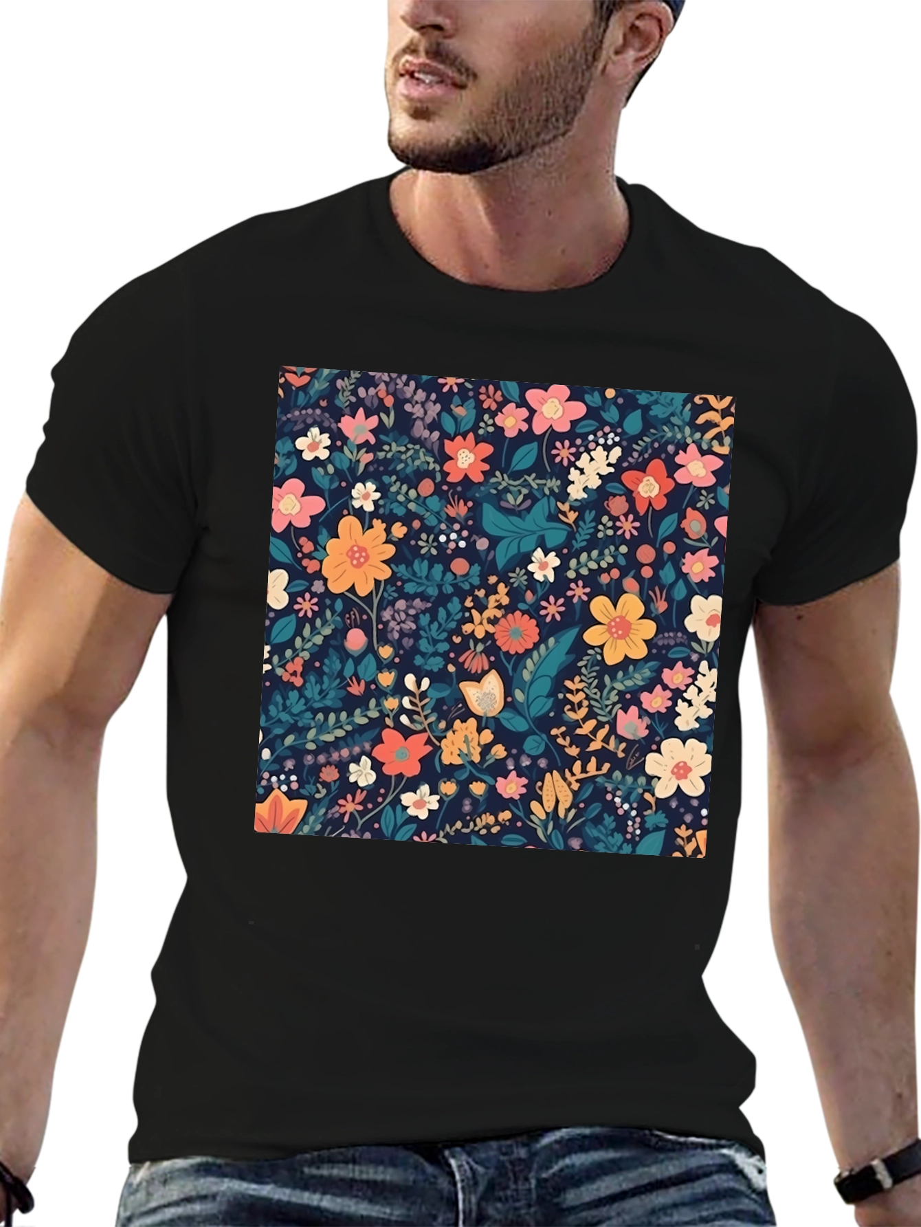 Black Floral Print Black T-Shirt view 6
