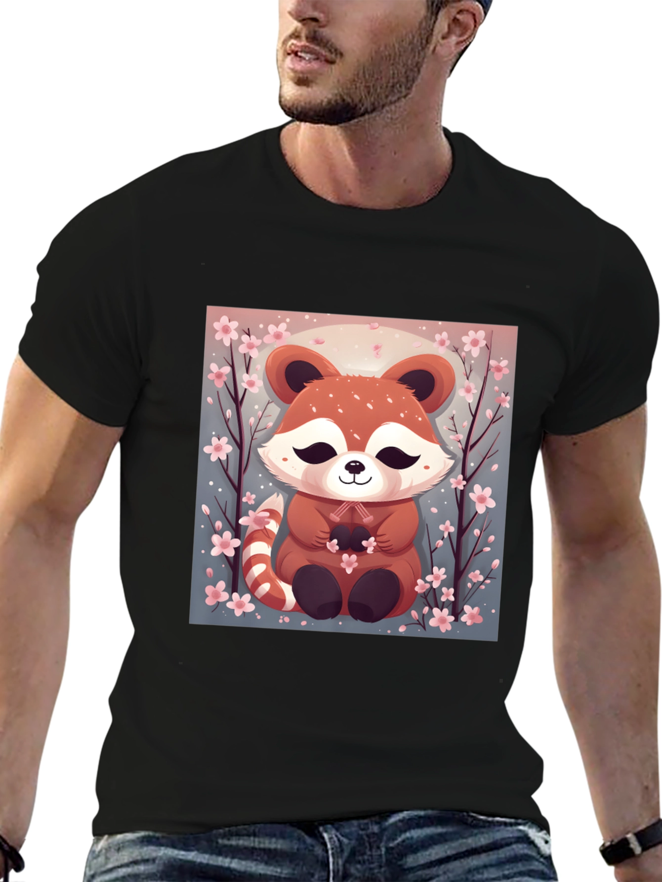 Black Cute Red Panda Cherry Blossom Black T-Shirt view 6