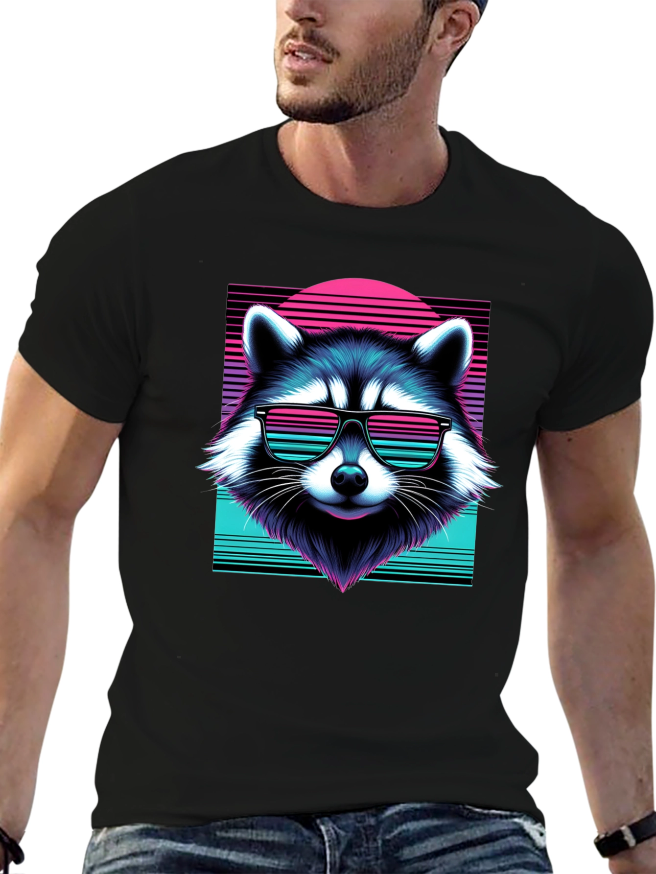 Black Retro Raccoon Graphic Tee - Black Cotton Blend view 6