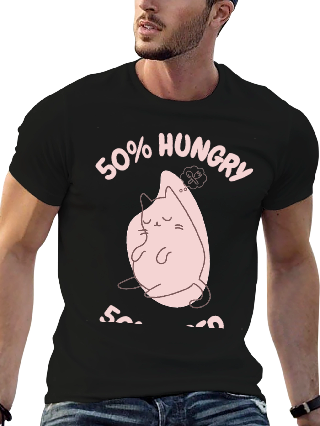 Black 50% Hungry Cat T-Shirt - Cute Black Tee view 6