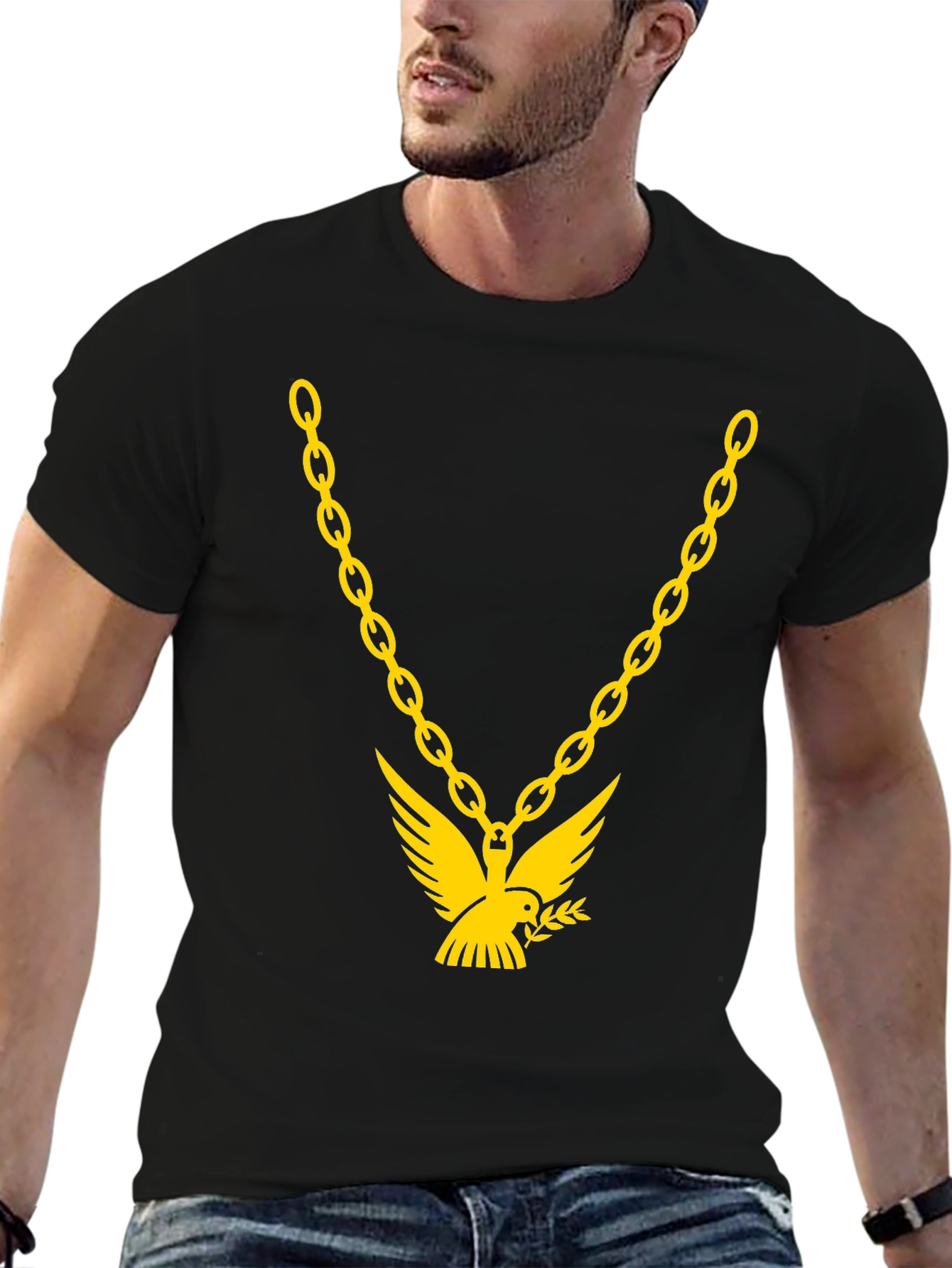 Black Men's Black T-Shirt with Gold Chain & Dove Graphic view 6