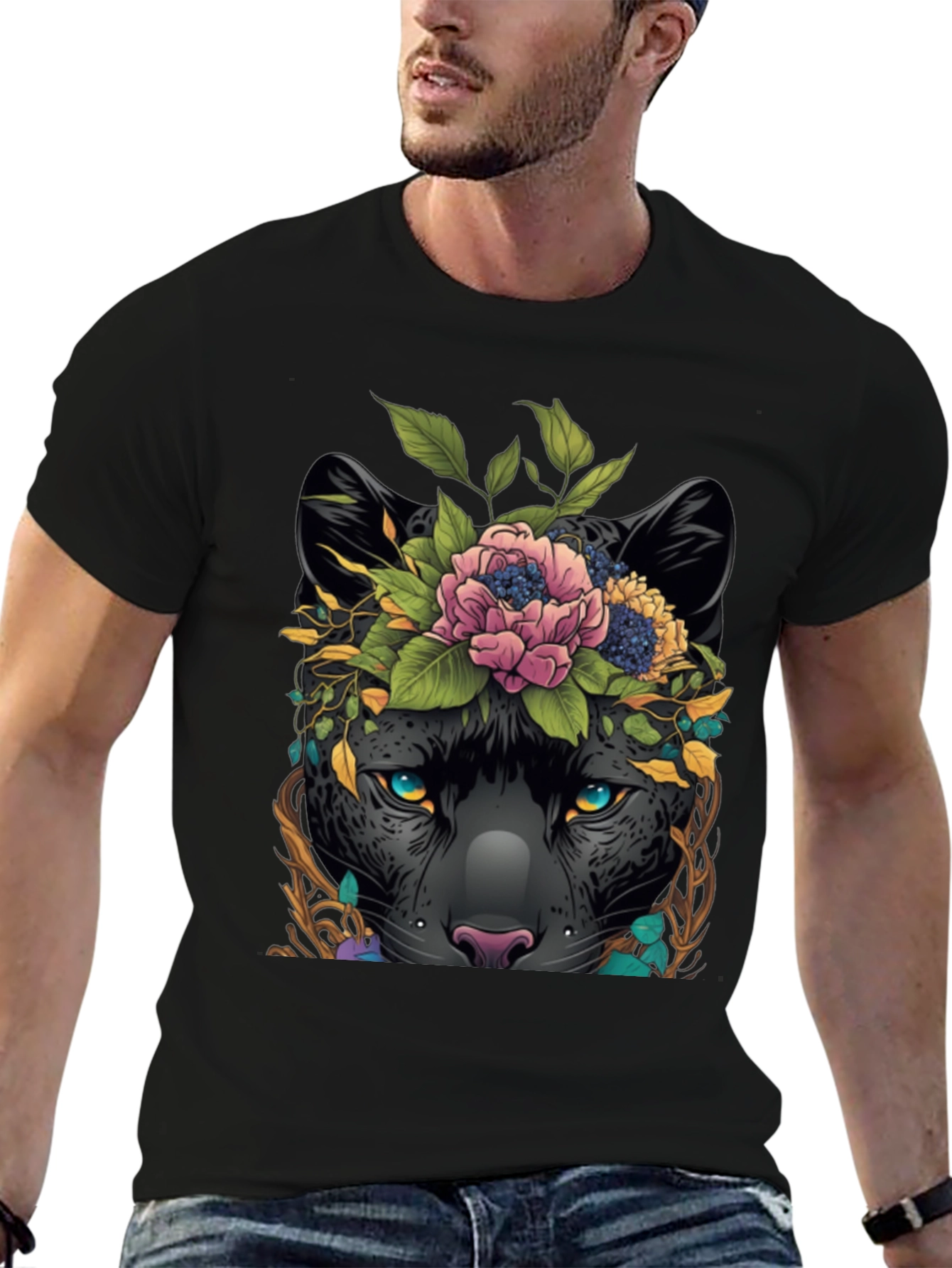 Black Floral Panther Graphic Tee - Unique Animal Design view 6