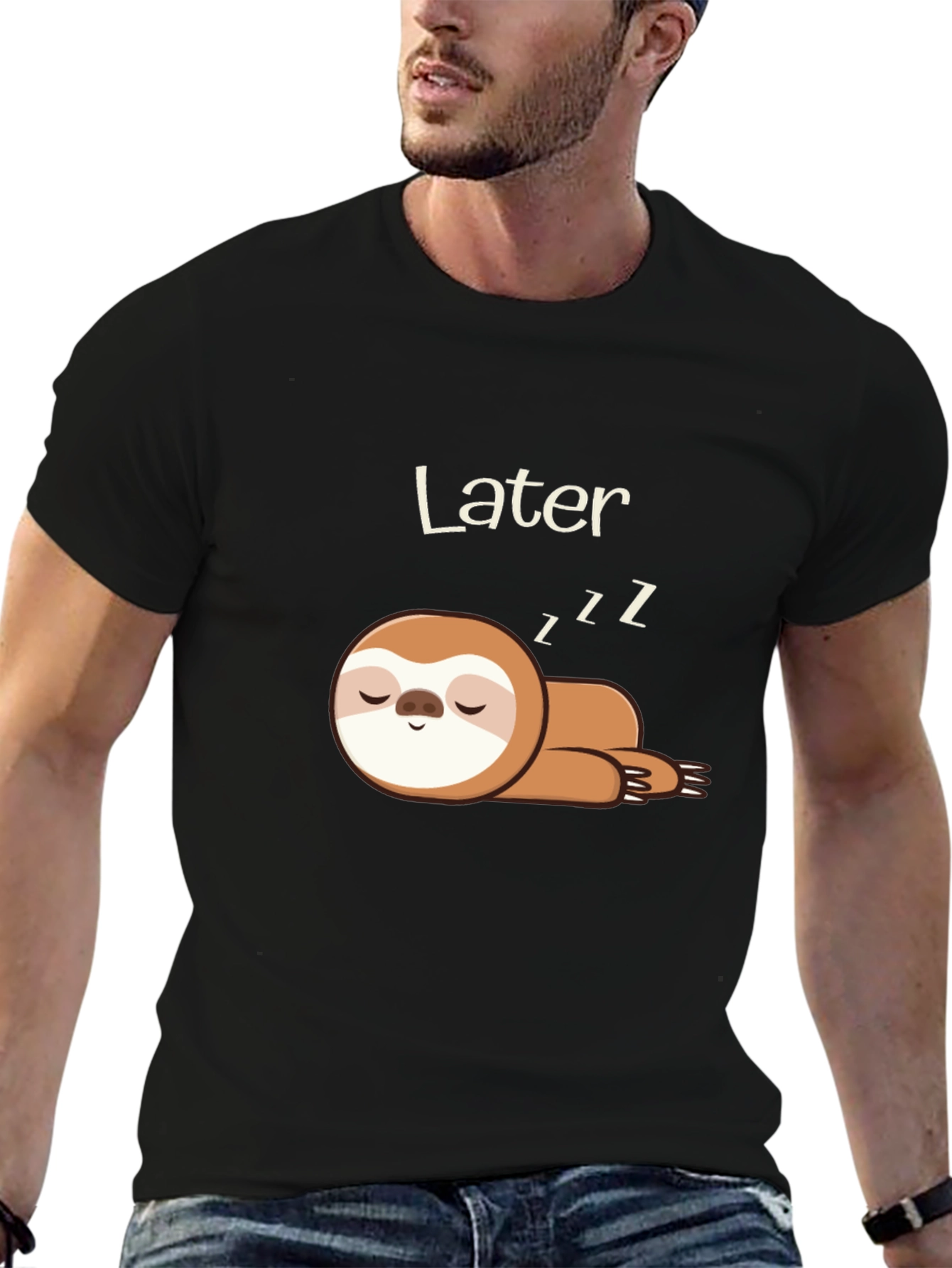 Black Men's Black T-Shirt with Sleeping Sloth Design view 6