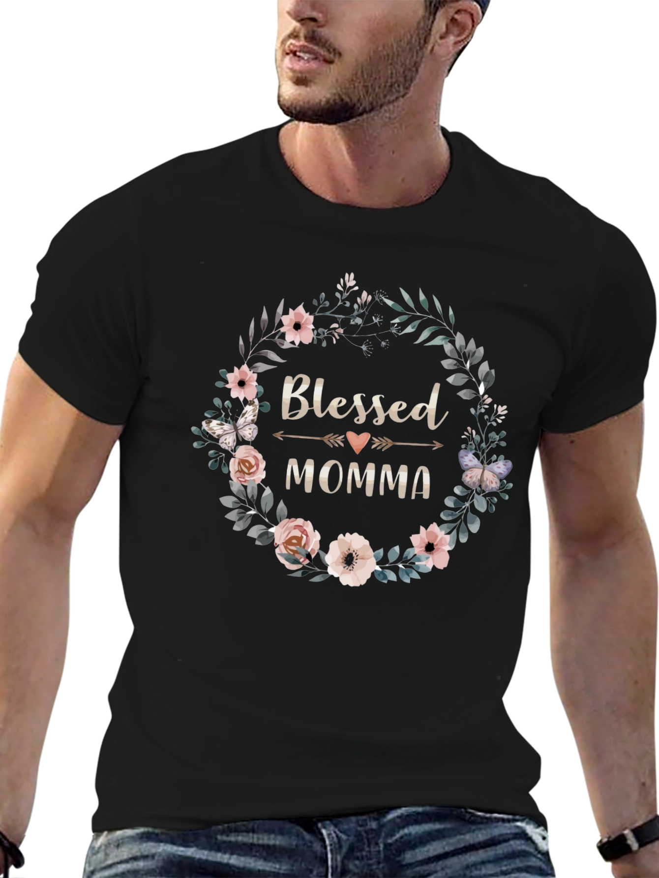 Black Blessed Momma Floral Wreath T-Shirt view 6
