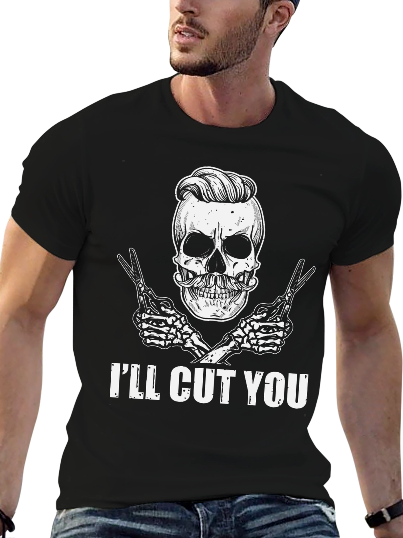 Black I'll Cut You T-Shirt: Skull Barber view 6