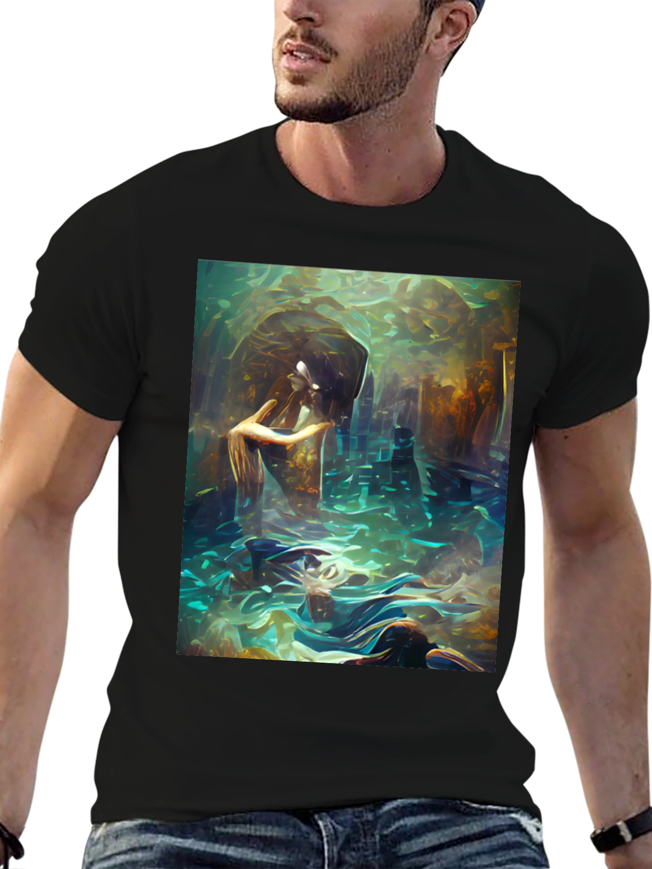 Black Artistic Underwater Scene Black T-Shirt view 6