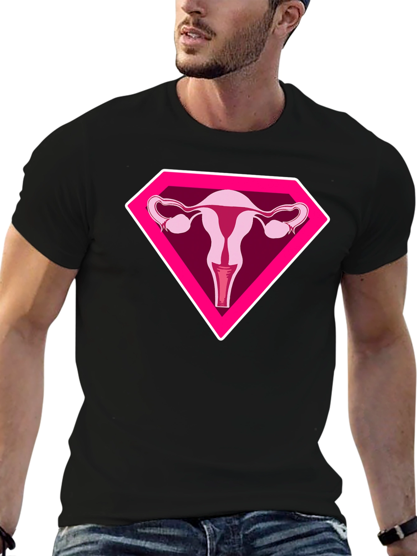 Black Uterus Superhero Graphic Tee - Black Cotton T-Shirt view 6