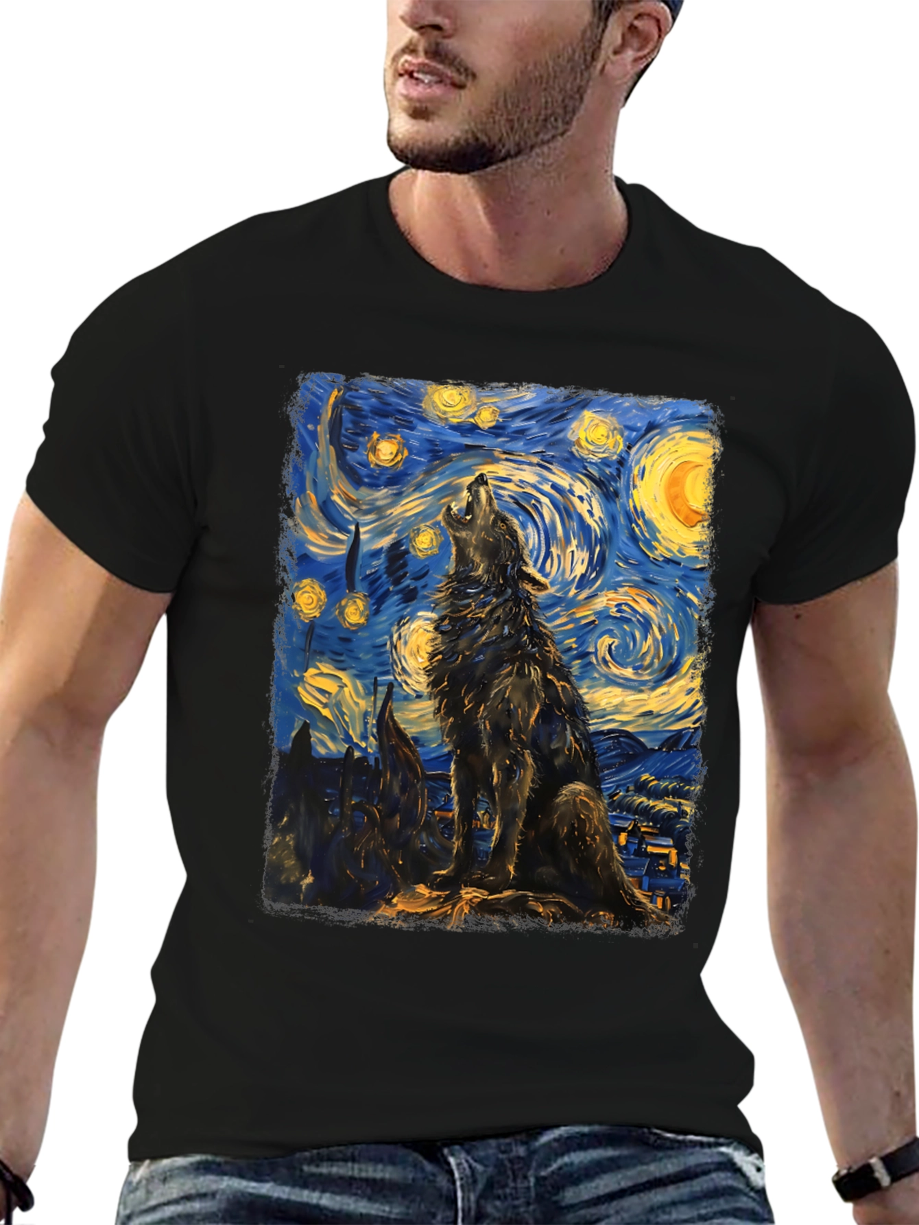 Black Starry Night Wolf Graphic Tee - Unique Artistic Design view 6