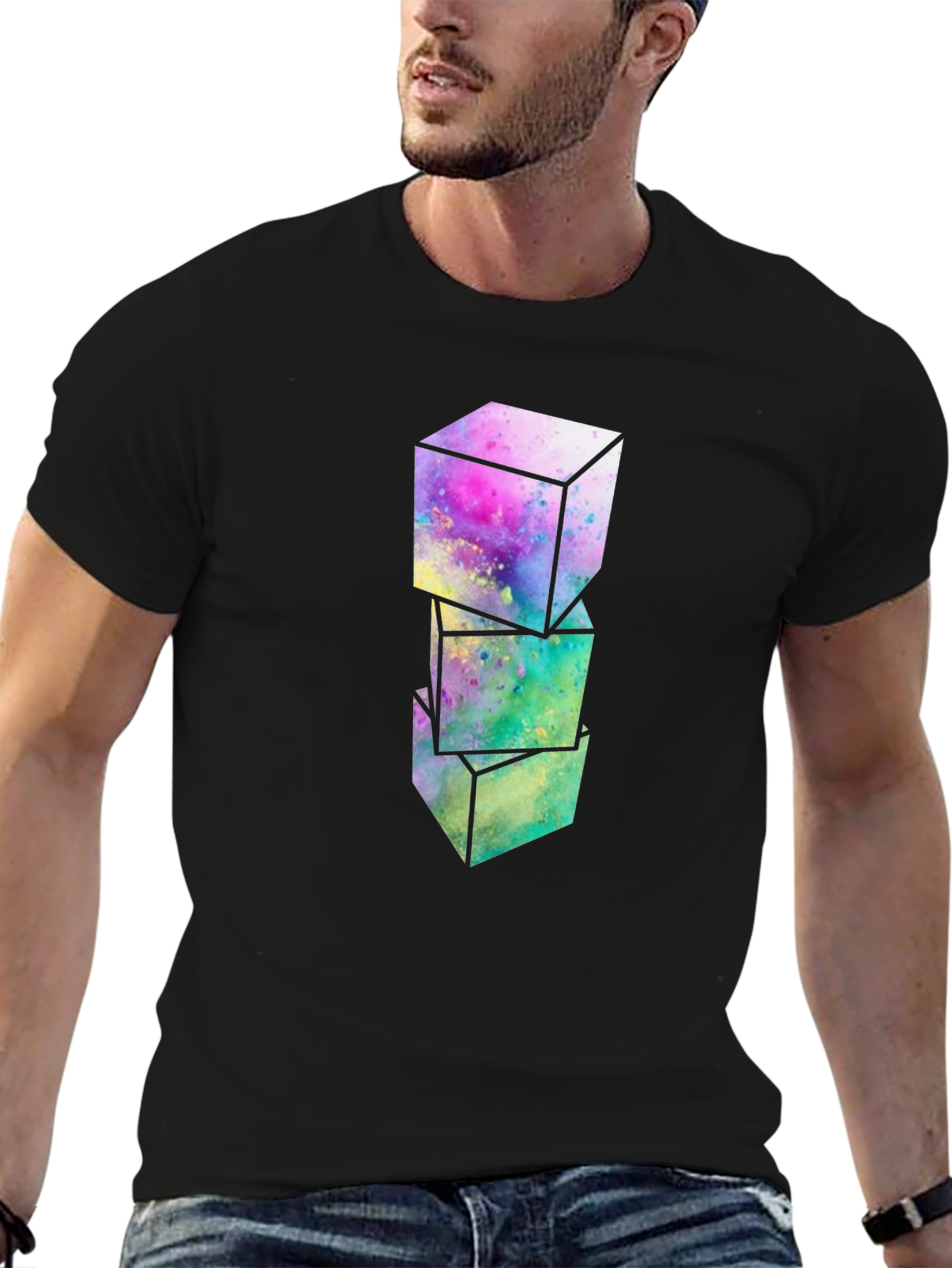 Black Abstract Cubes Graphic T-Shirt - Modern Art Tee view 6