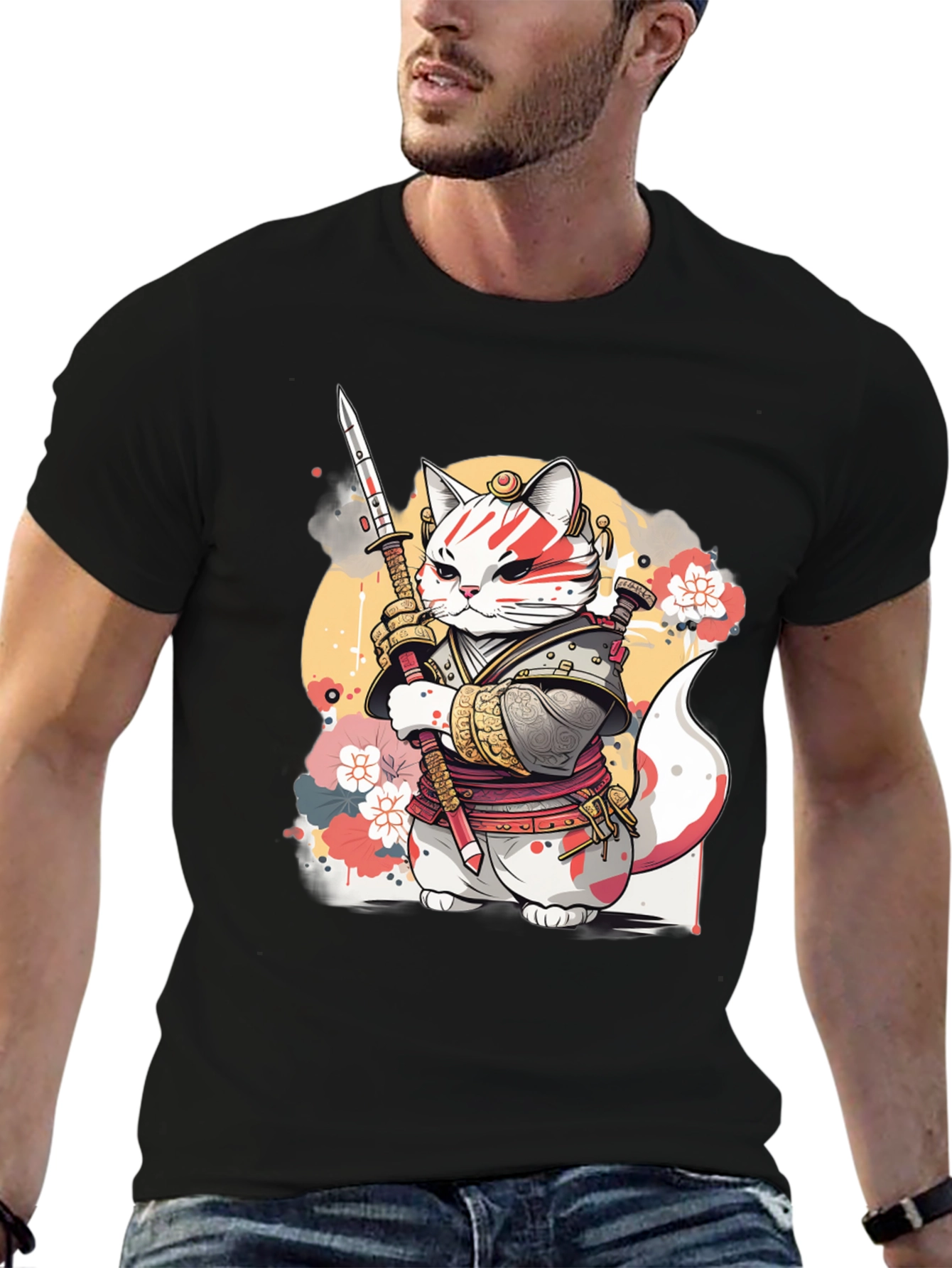 Black Samurai Cat Graphic Tee - Unique Anime Style view 6