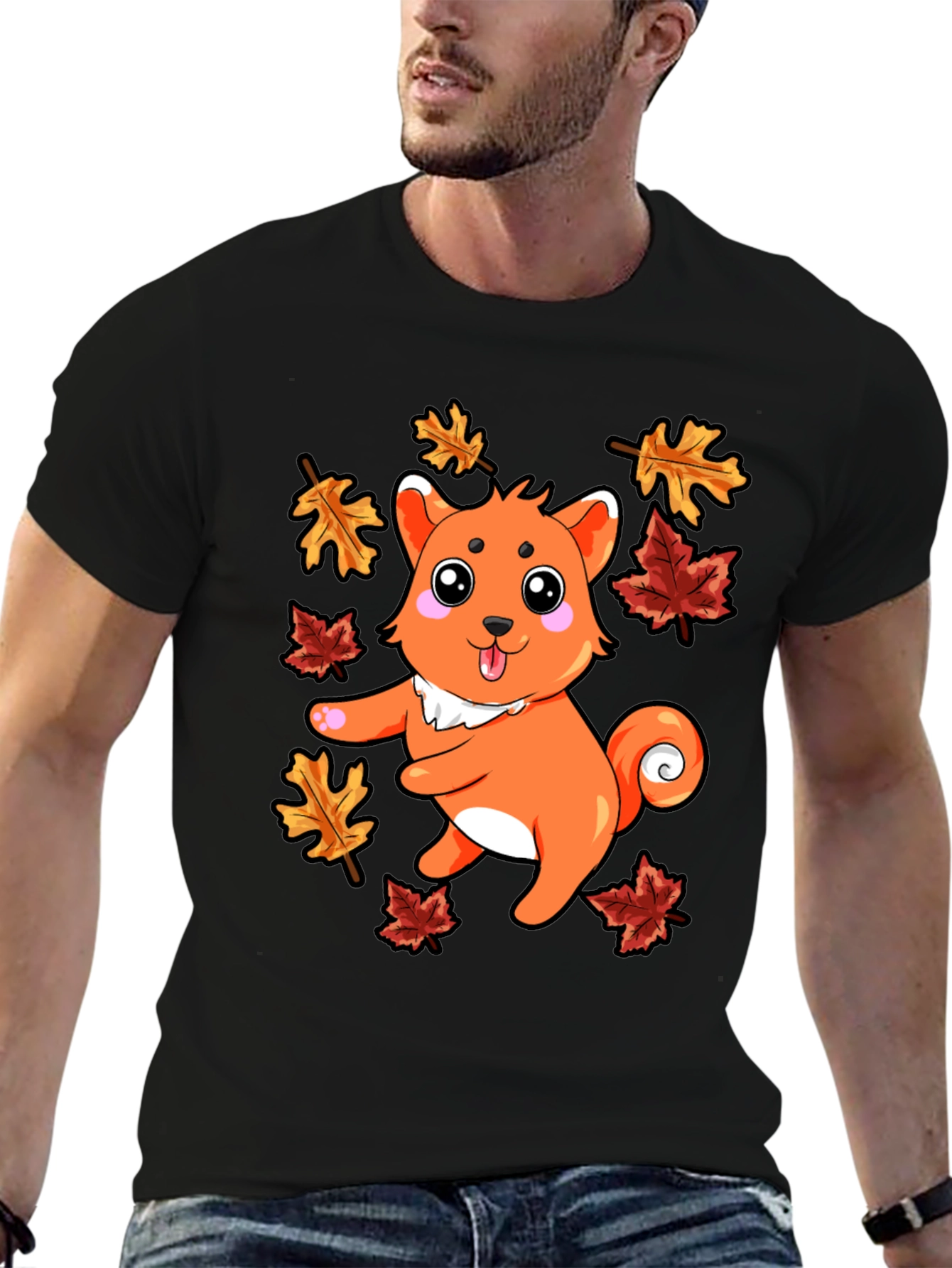 Black Autumn Shiba Inu T-Shirt - Cute Dog & Fall Leaves view 6