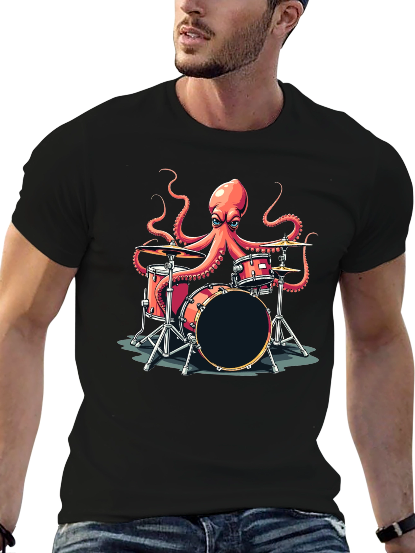 Black Octopus Drummer Graphic T-Shirt - Black view 6