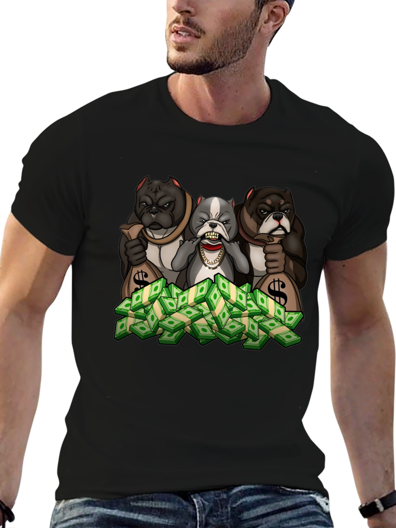 Black Bulldog Money T-Shirt - Cartoon Graphic Tee view 6