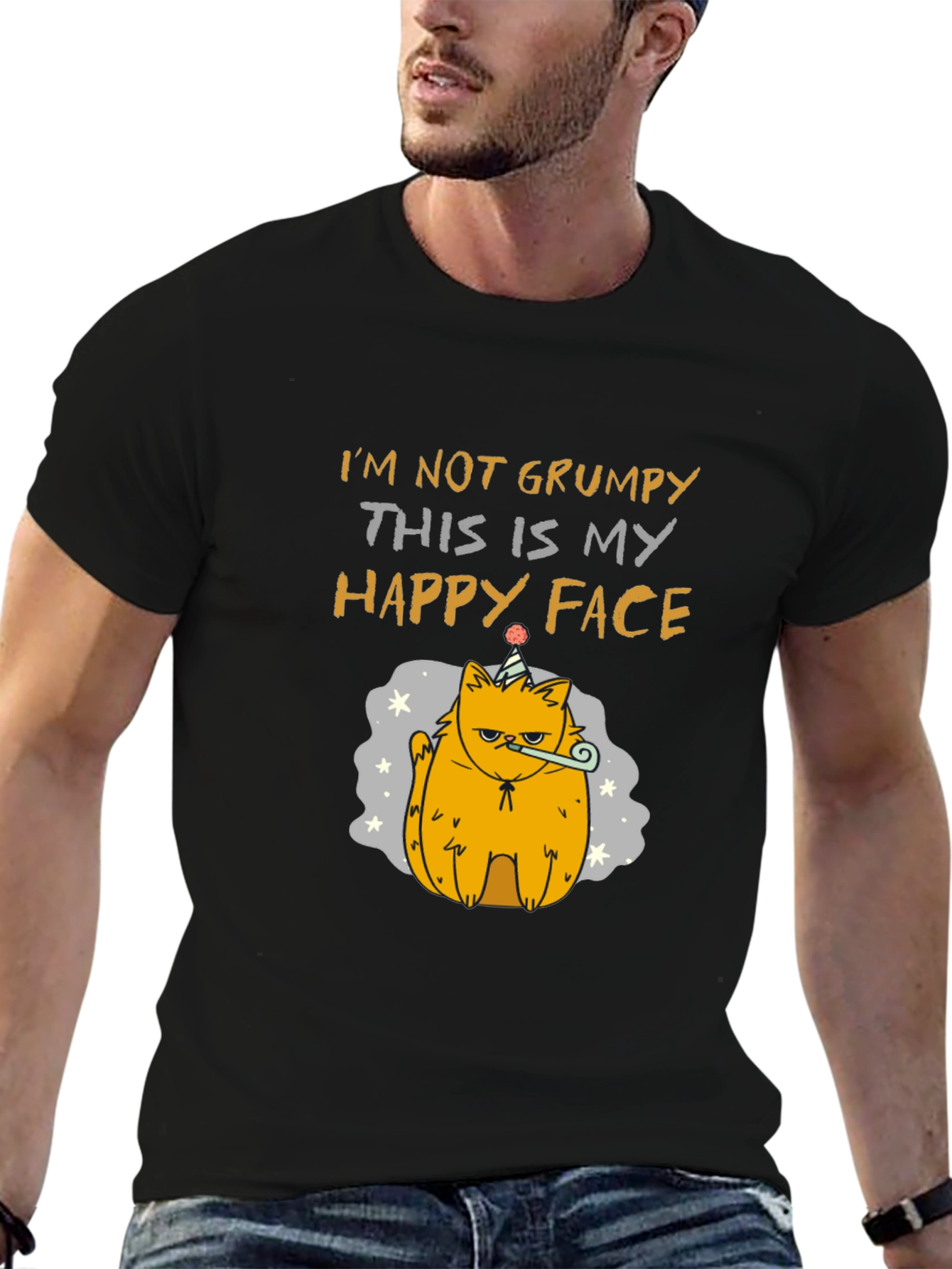 Black Grumpy Cat T-Shirt - Happy Face Design view 6