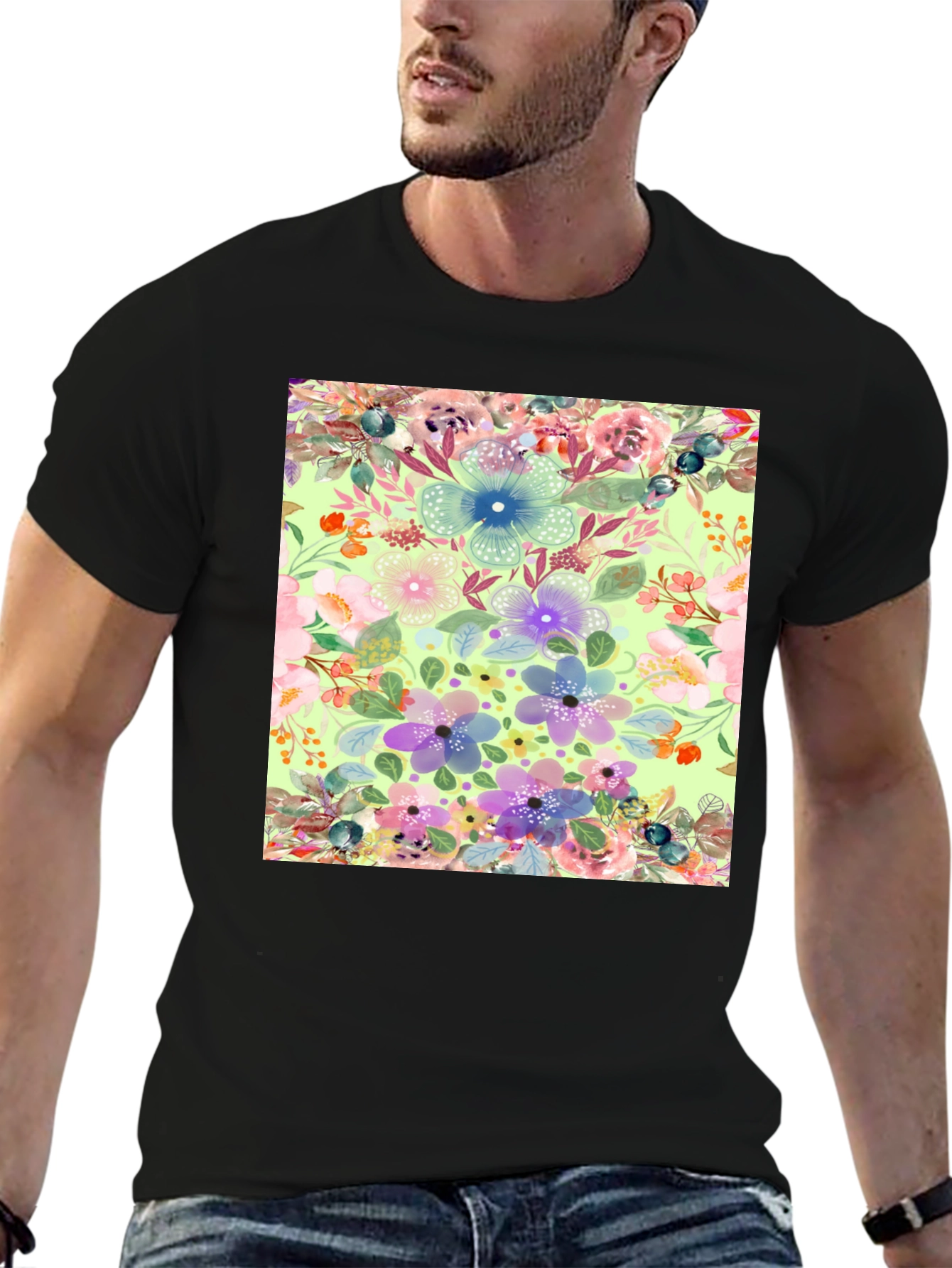 Black Floral Print T-Shirt - Black Casual Tee view 6