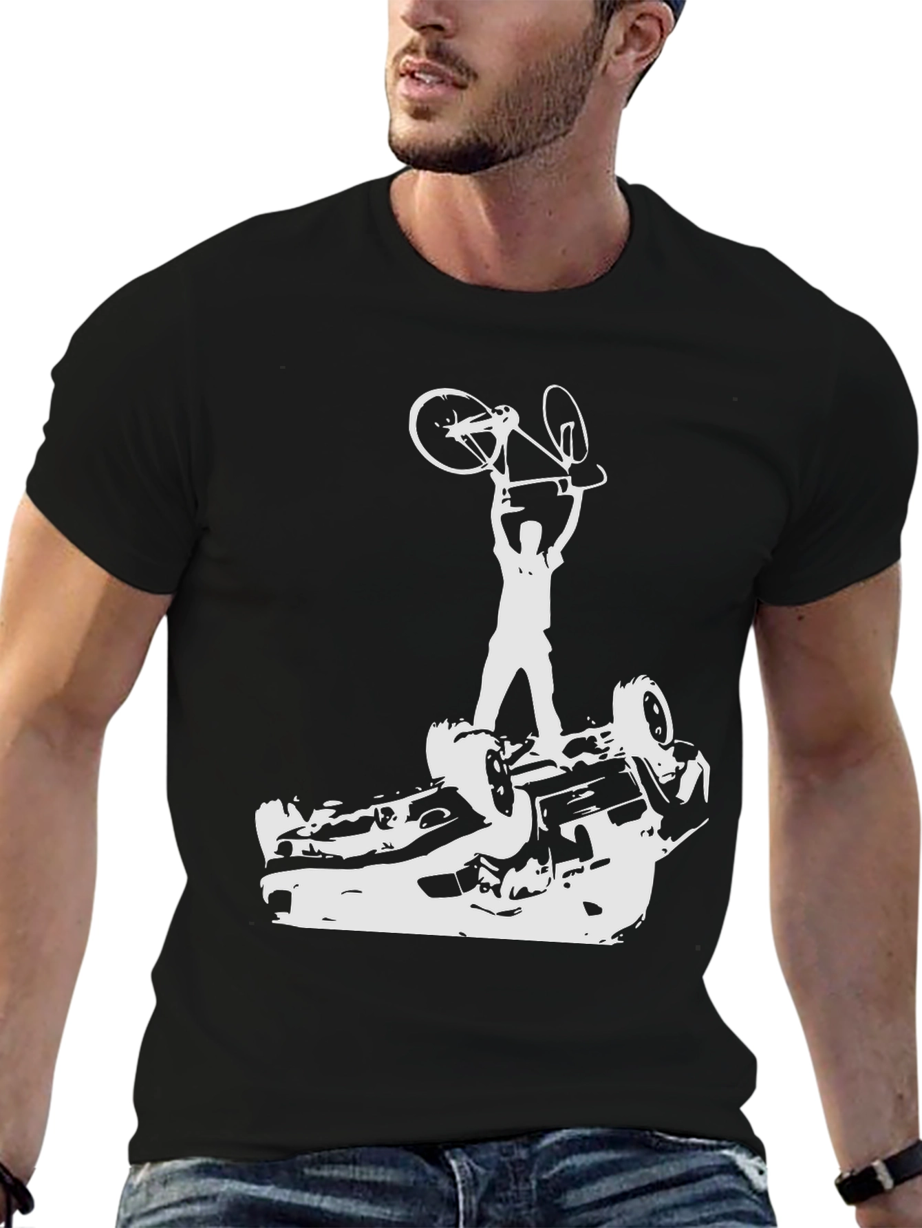 Black Black T-Shirt with Cyclist Car Flip Graphic Tee view 6
