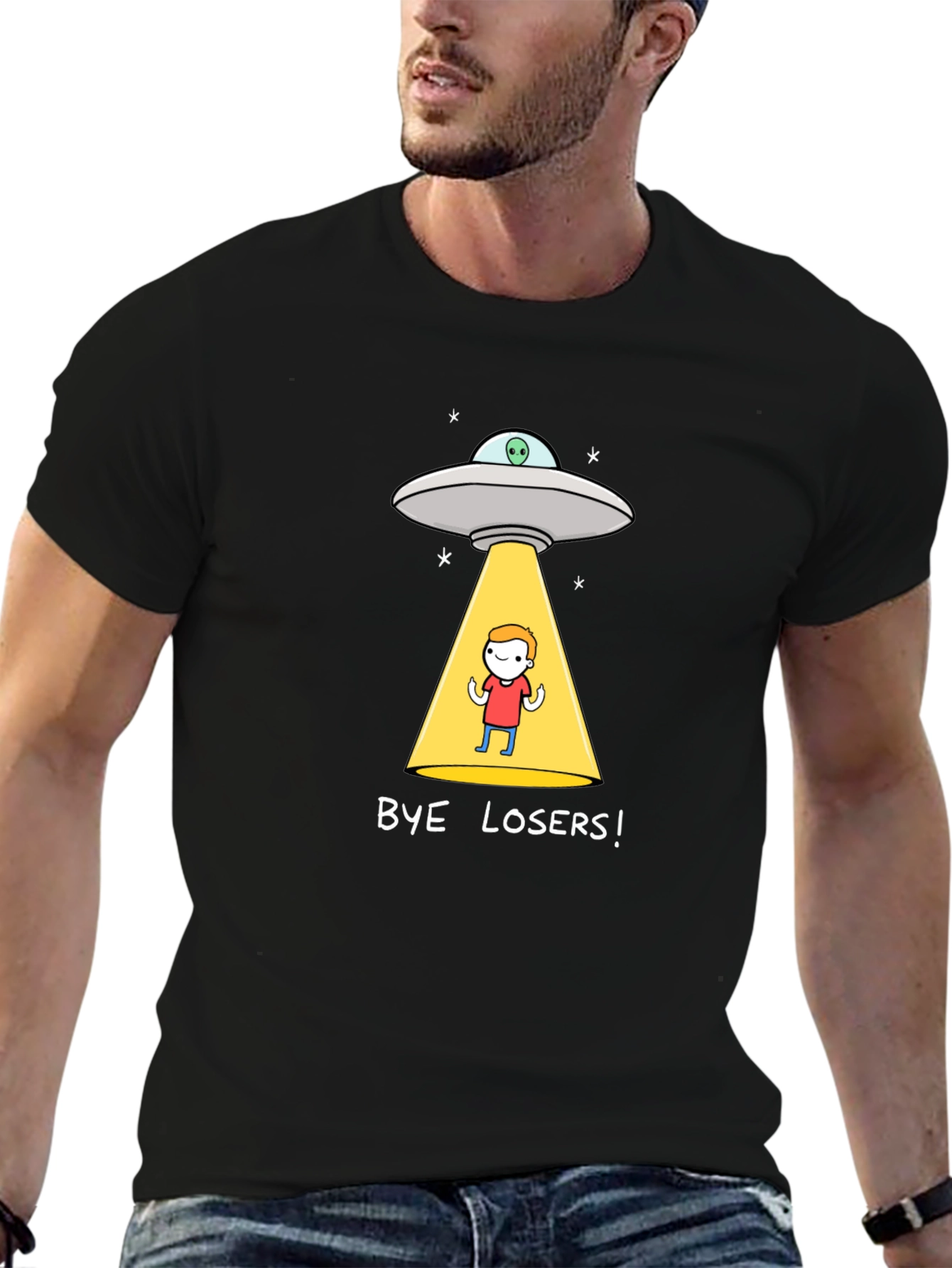Black Bye Losers! Alien Abduction Graphic Tee - Black Cotton Blend view 6