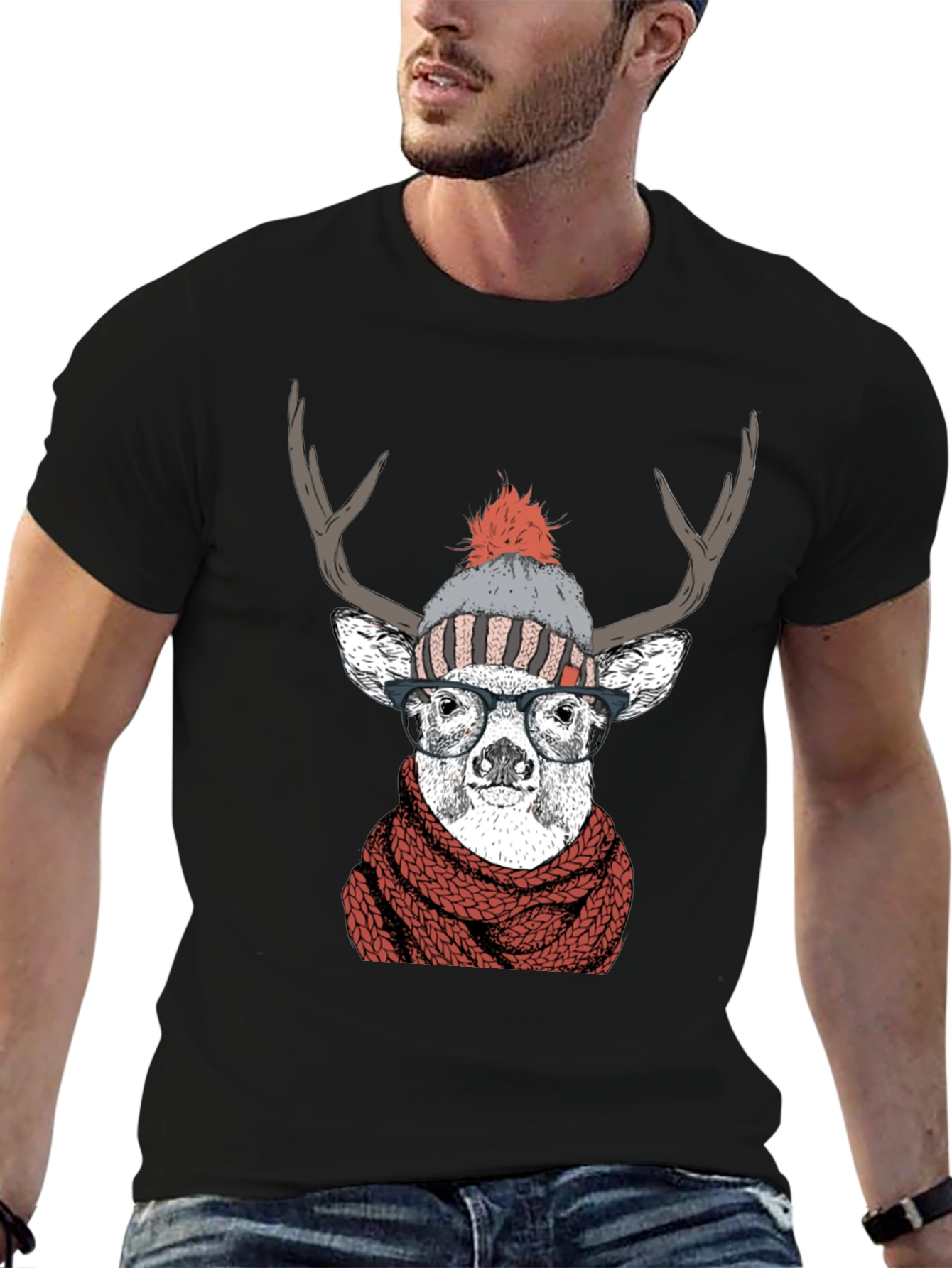 Hipster Deer Graphic Tee - Antler Scarf & Glasses - 6