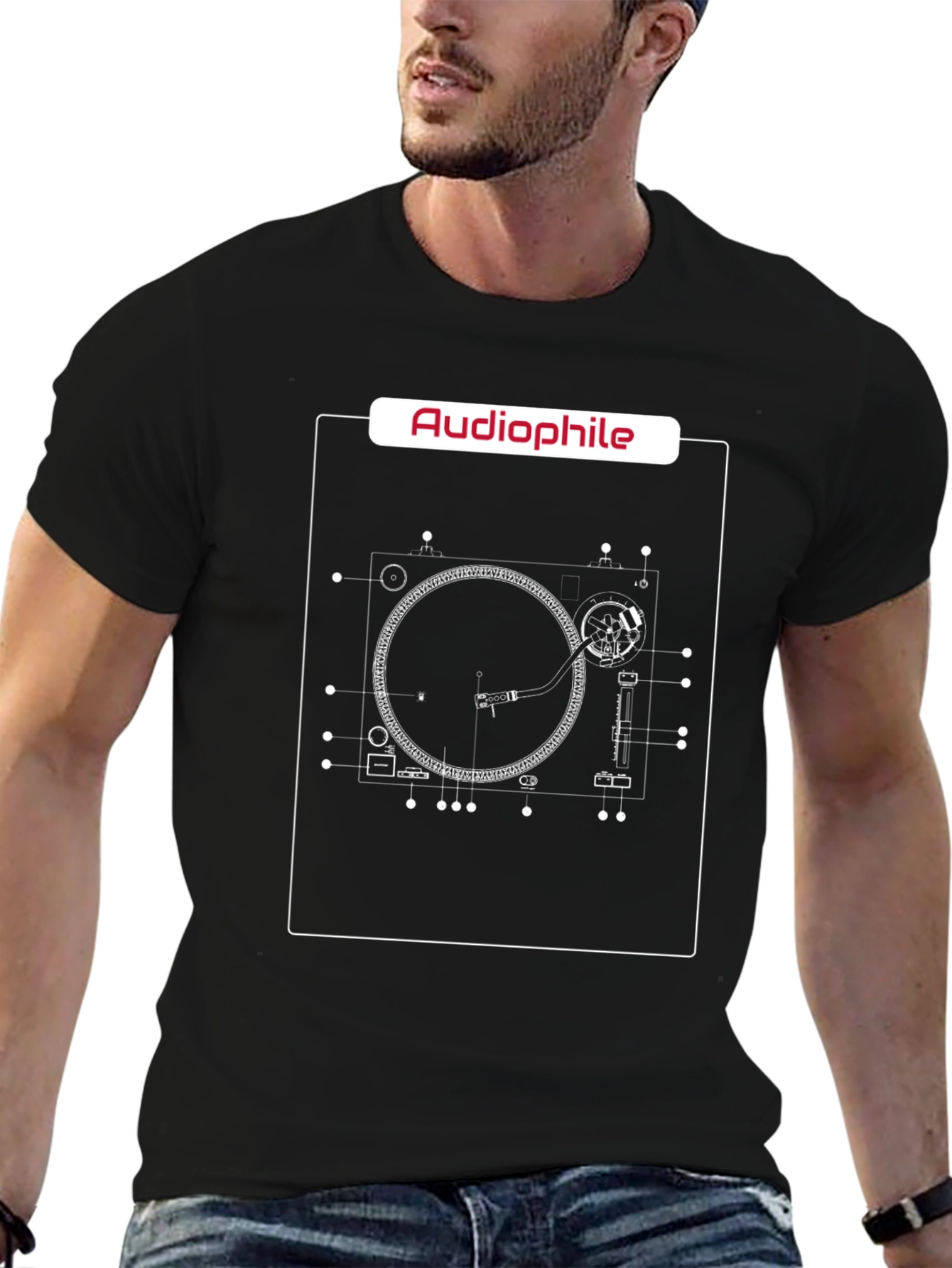 Black Audiophile Turntable Blueprint T-Shirt view 6