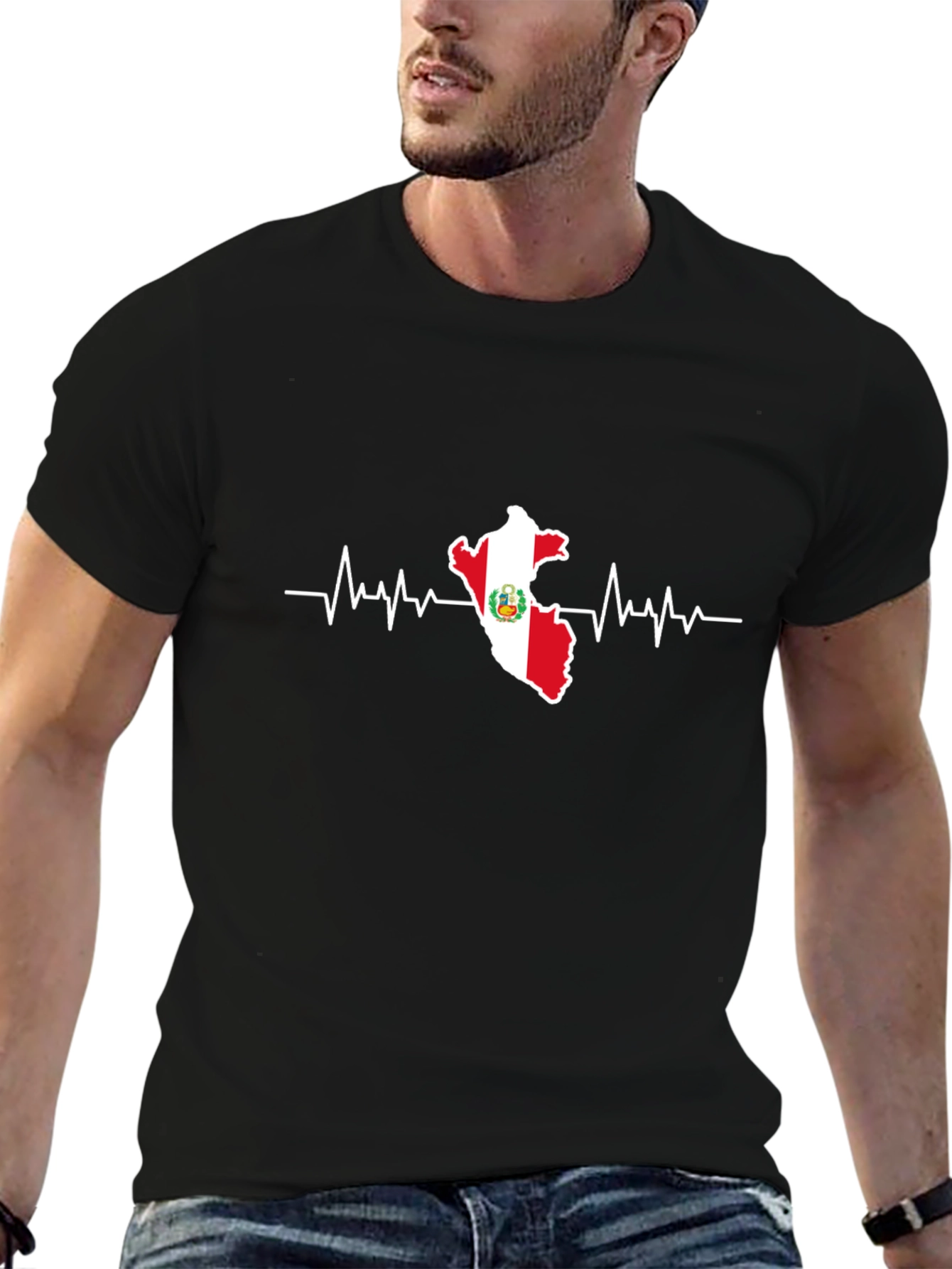 Black Peru Flag Heartbeat Graphic T-Shirt view 6