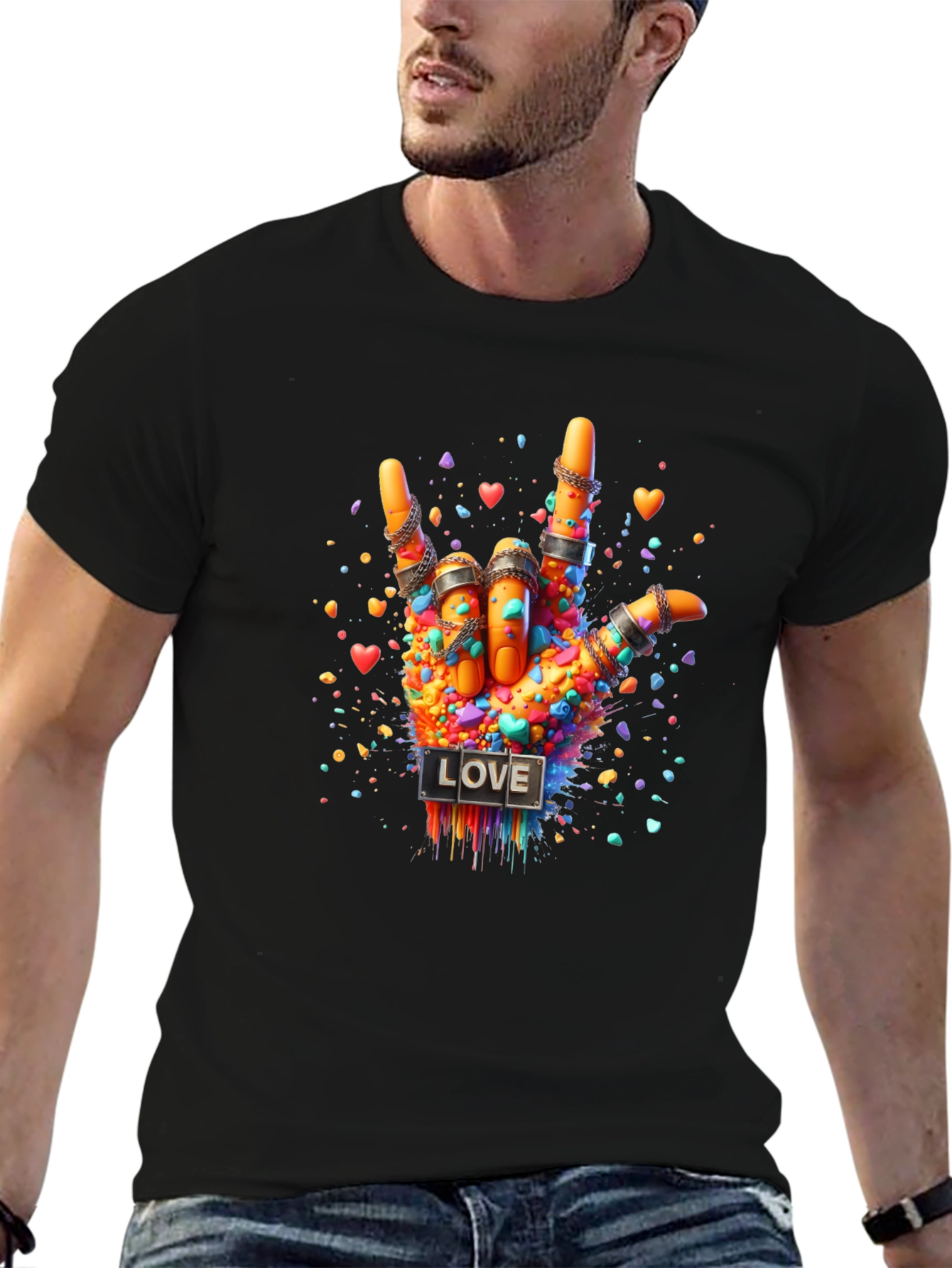 Black Love Sign Hand Graphic Tee - Colorful ASL Design view 6
