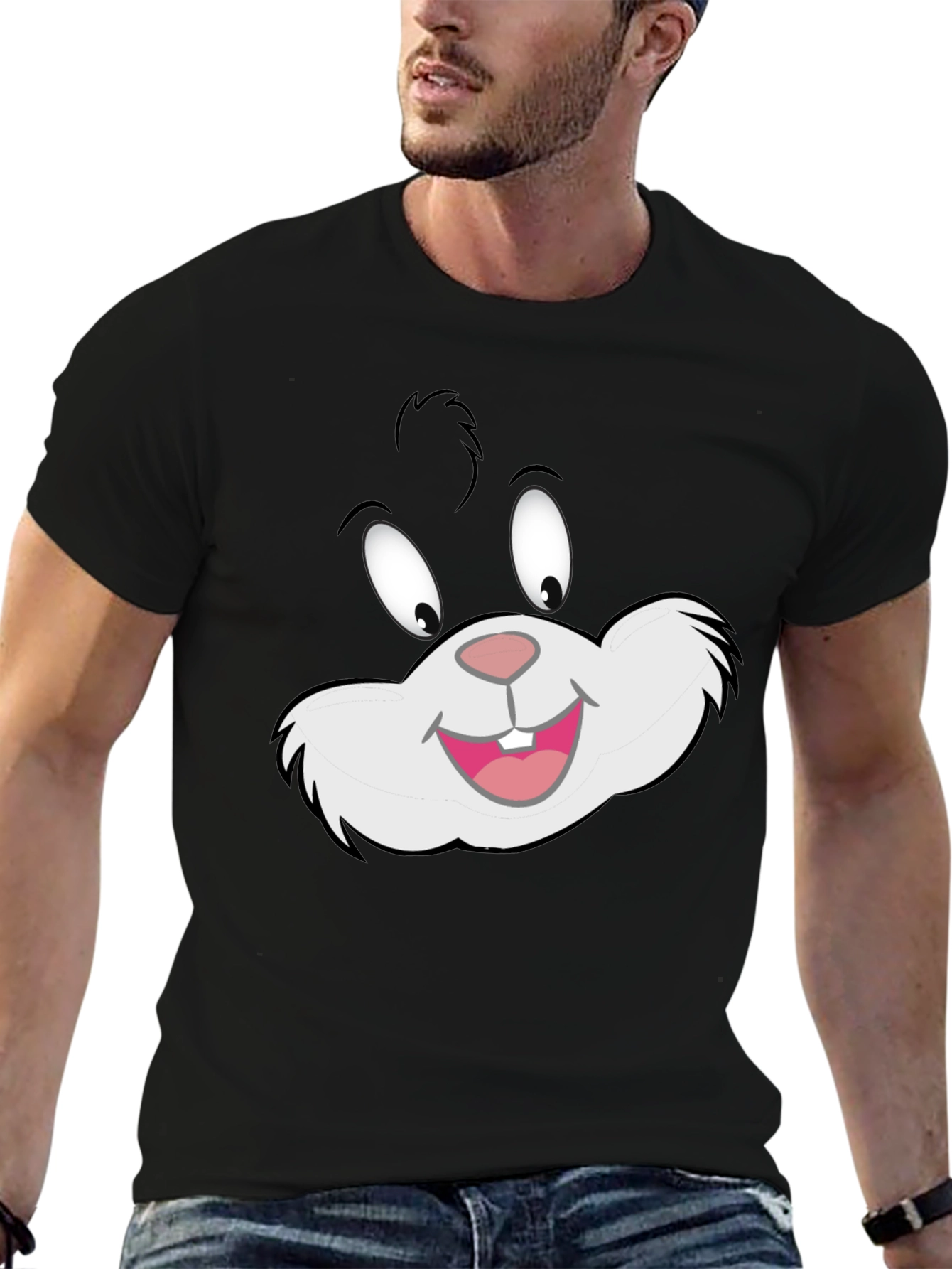 Black Cartoon Cat Face Black T-Shirt view 6