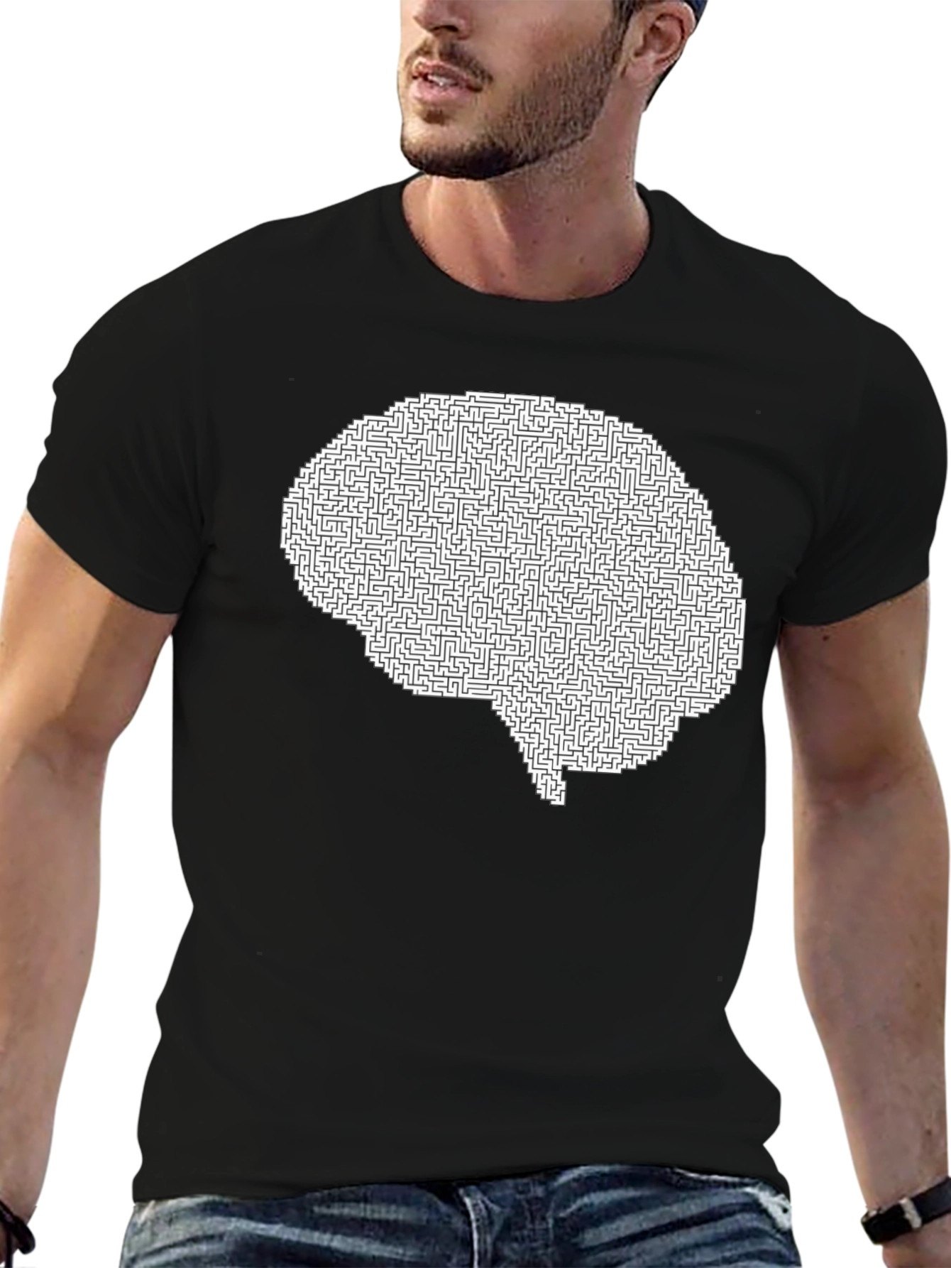Black Brain Maze T-Shirt - Intellectual Puzzle Design view 6