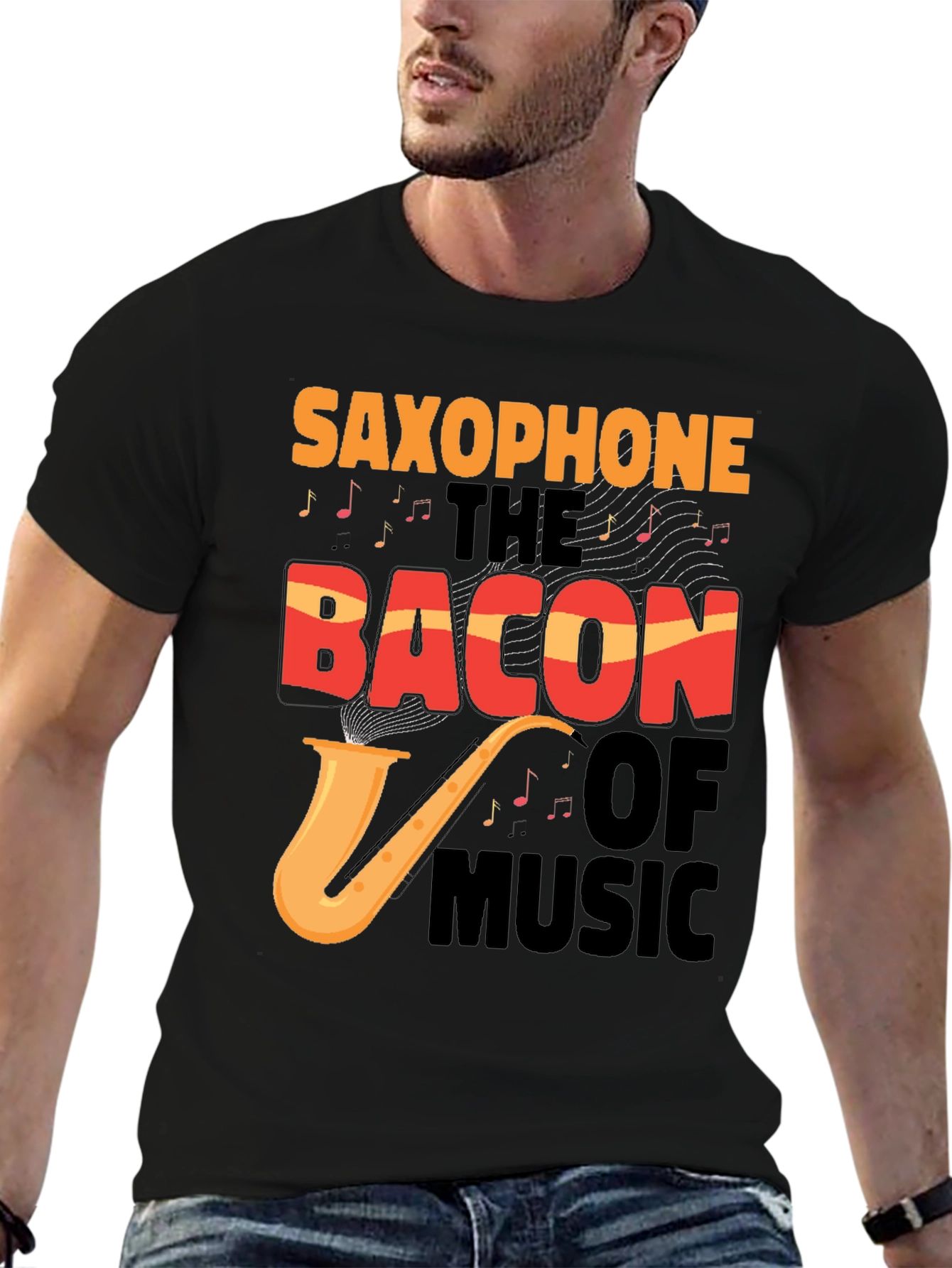 Black Saxophone Bacon of Music Graphic Tee view 6