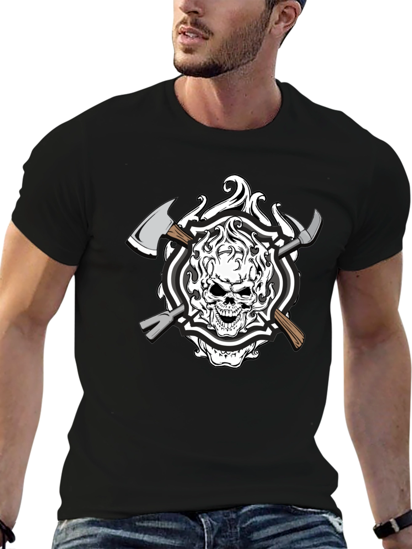 Black Skull Firefighter Axe Graphic T-Shirt - Black Cotton view 6