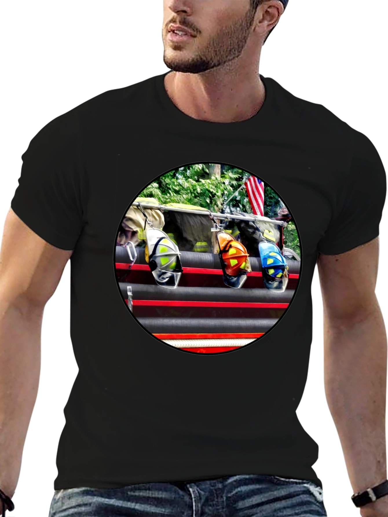 Black Firefighter Helmets Graphic T-Shirt view 6