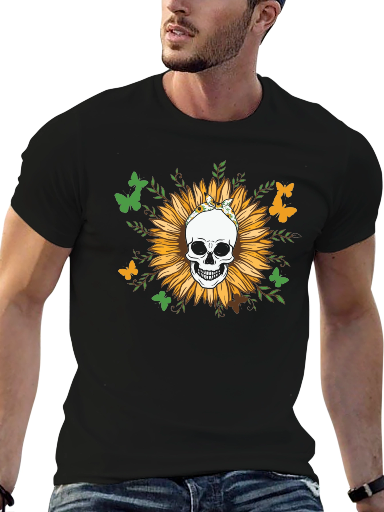 Black Sunflower Skull Graphic Tee view 6