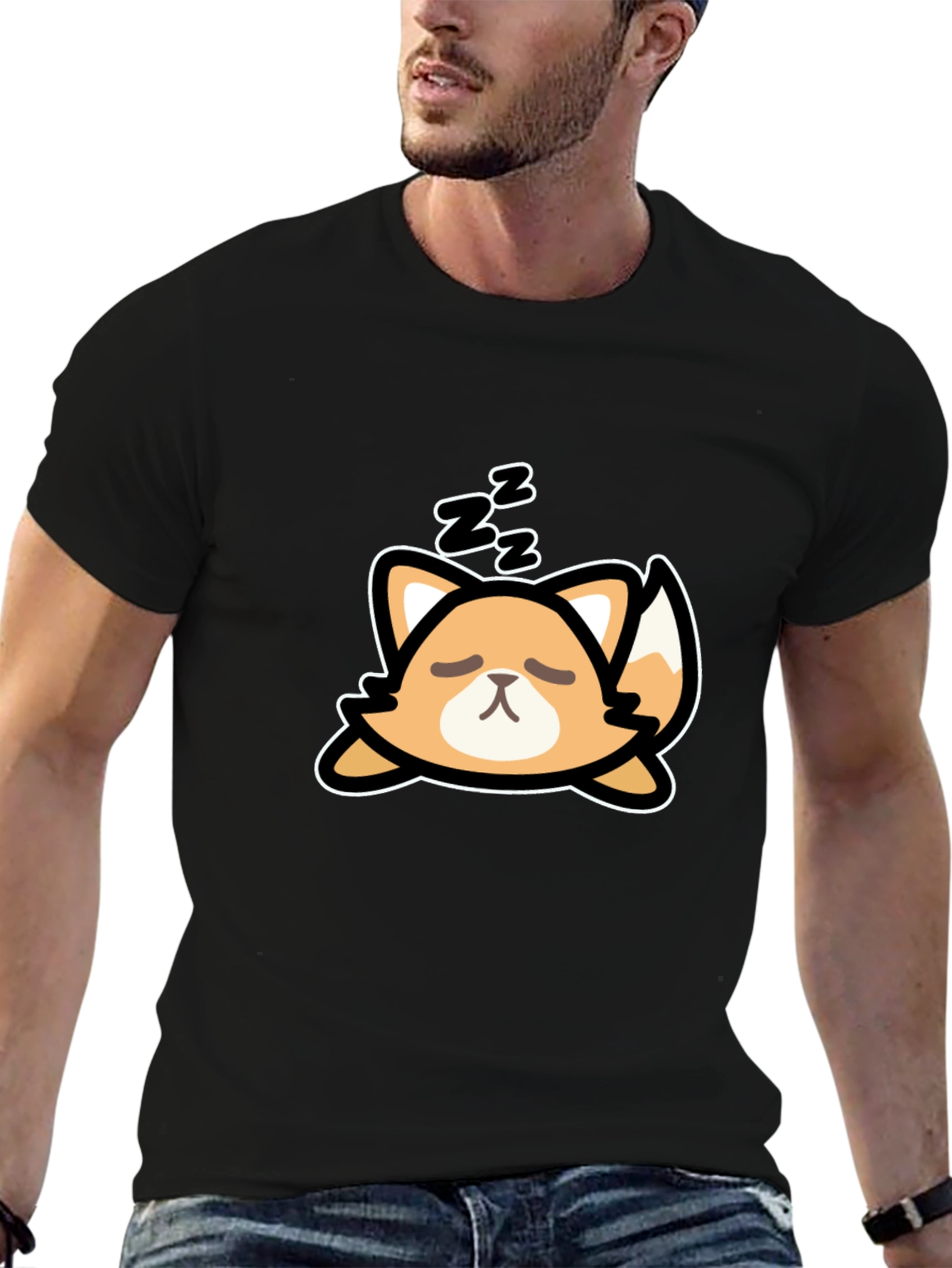 Black Cute Sleeping Fox Graphic Tee - Black Cotton T-Shirt view 6