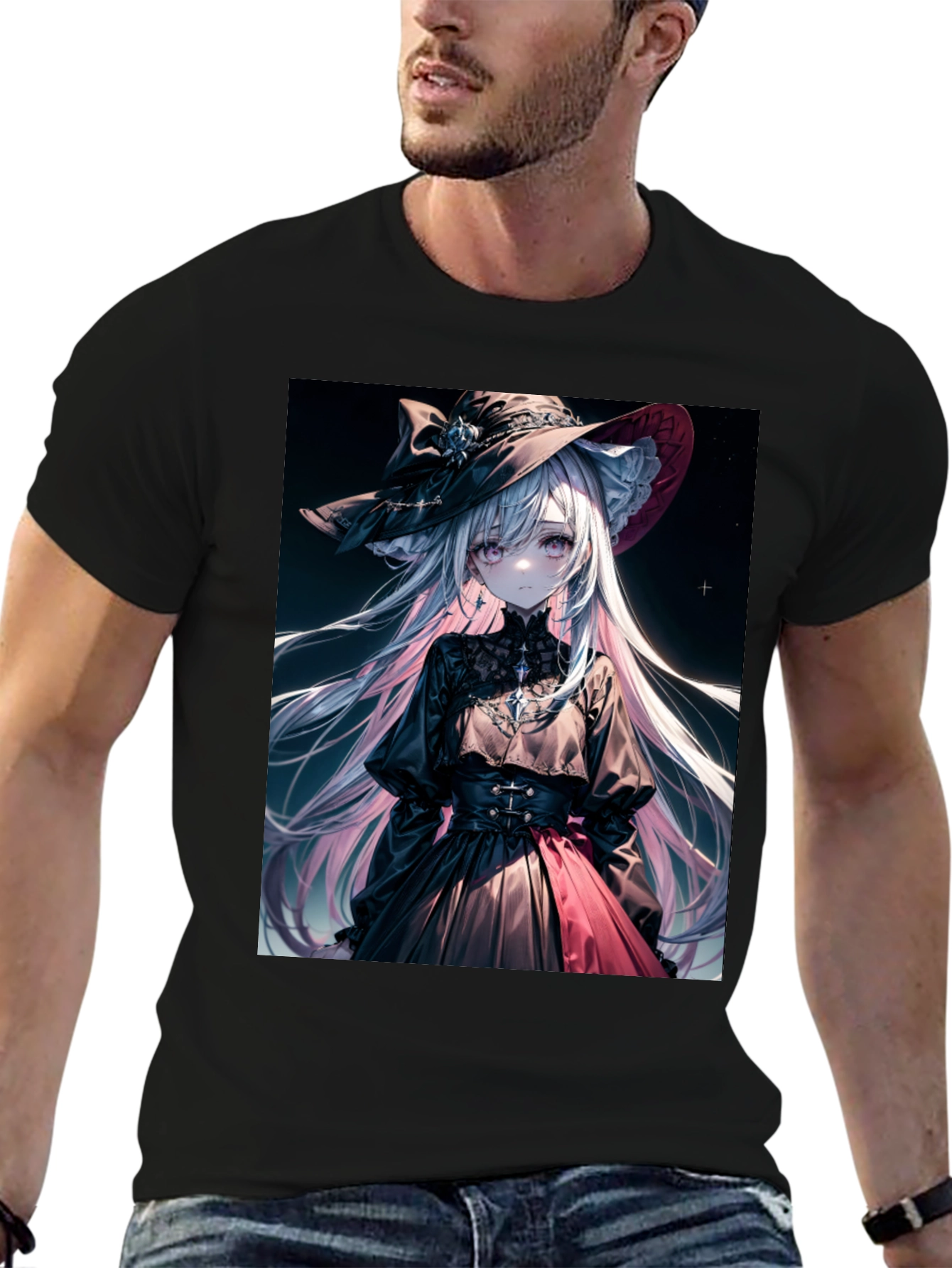 Black Anime Girl Graphic Tee - Stylish Black Cotton T-Shirt view 6