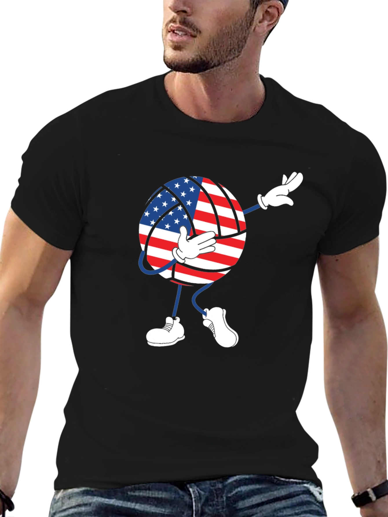 Black USA Flag Volleyball Dab T-Shirt view 6