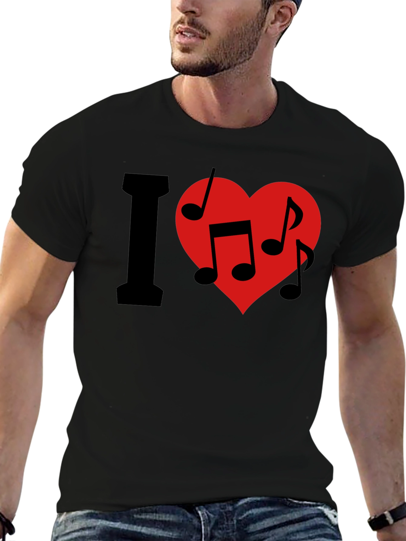 Black I Love Music T-Shirt - Crew Neck - Black view 6