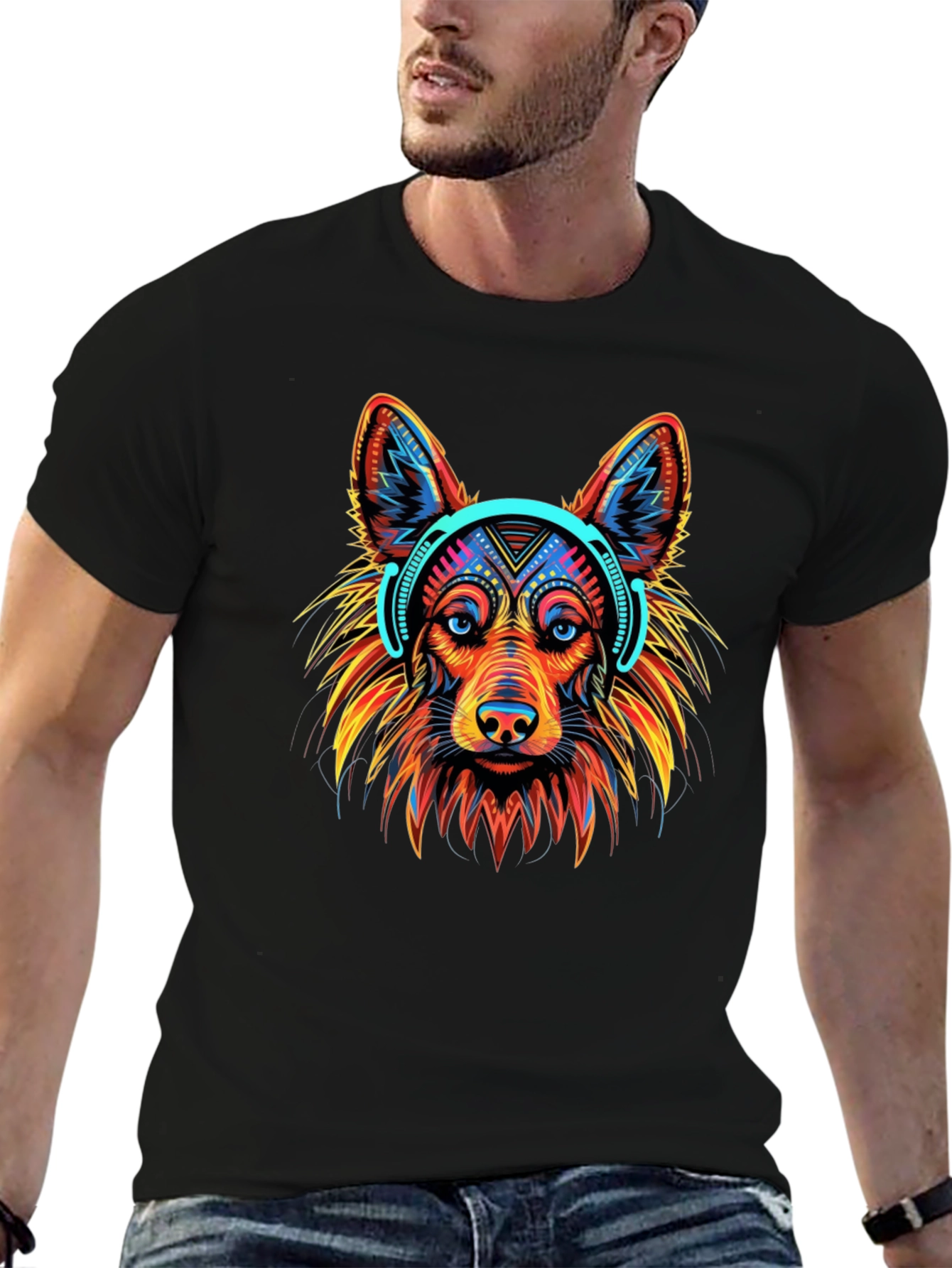 Black Cool Dog Headphones Graphic T-Shirt view 6