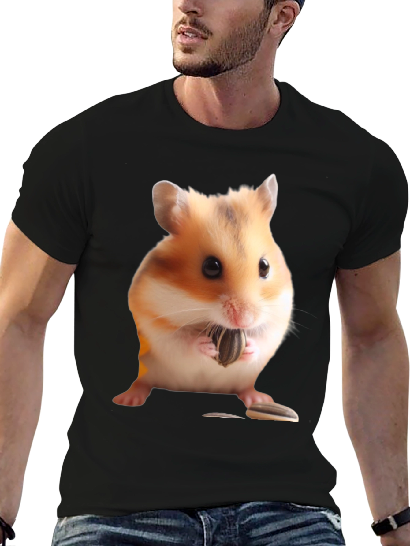 Black Hamster Seed Graphic T-Shirt, Mens Black Tee view 6