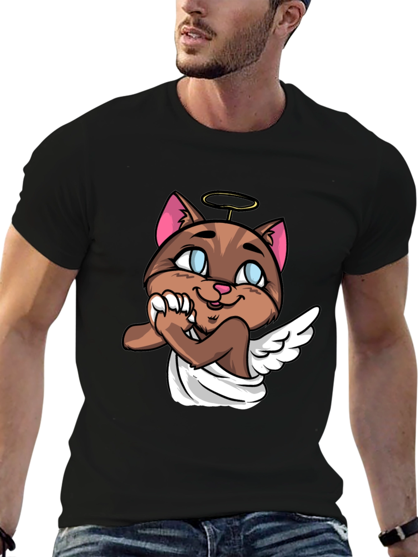 Black Angel Cat Graphic Tee - Unisex Black T-Shirt view 6