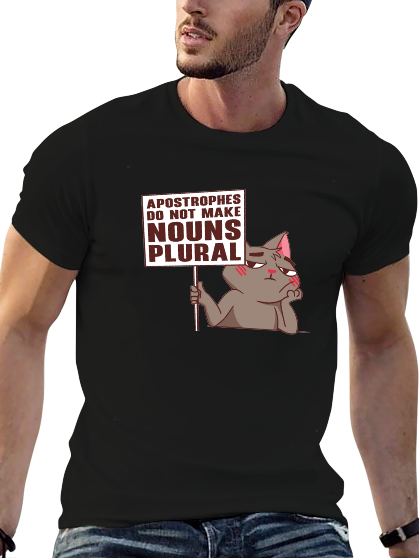 Black Grammar Cat T-Shirt - Apostrophes Do Not Make Nouns Plural Tee view 6
