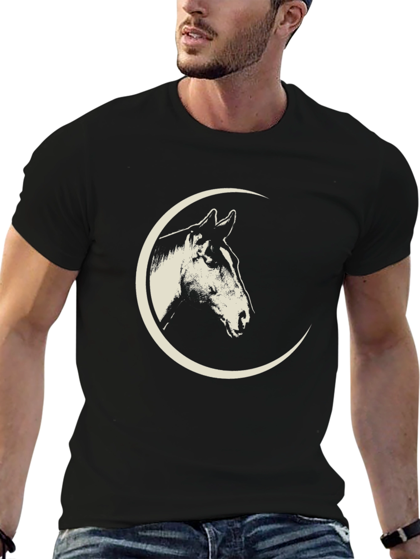 Black Horse Moon Graphic Tee - Black Cotton T-Shirt view 6