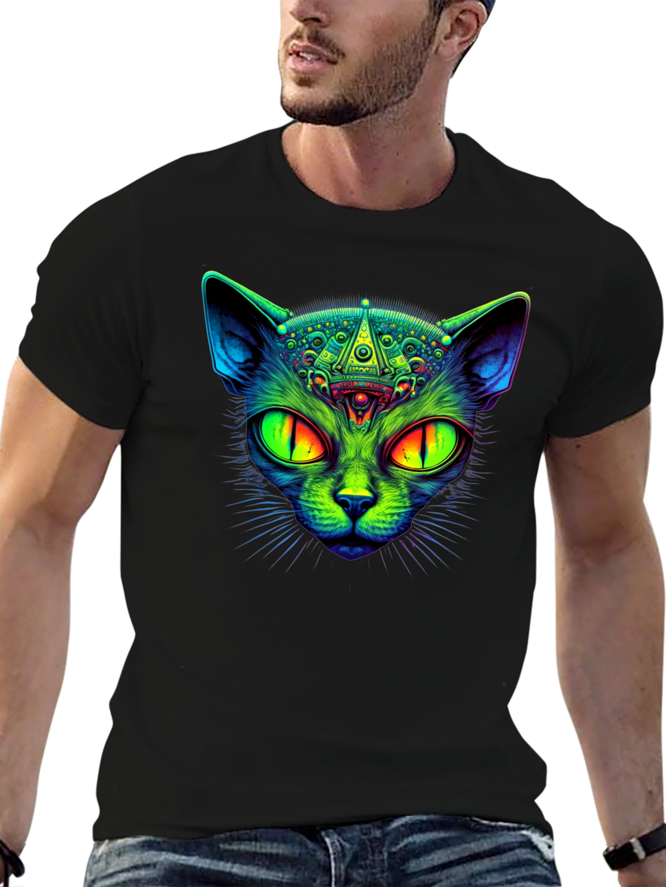 Black Psychedelic Cat Graphic Tee - Black Cotton T-Shirt view 6