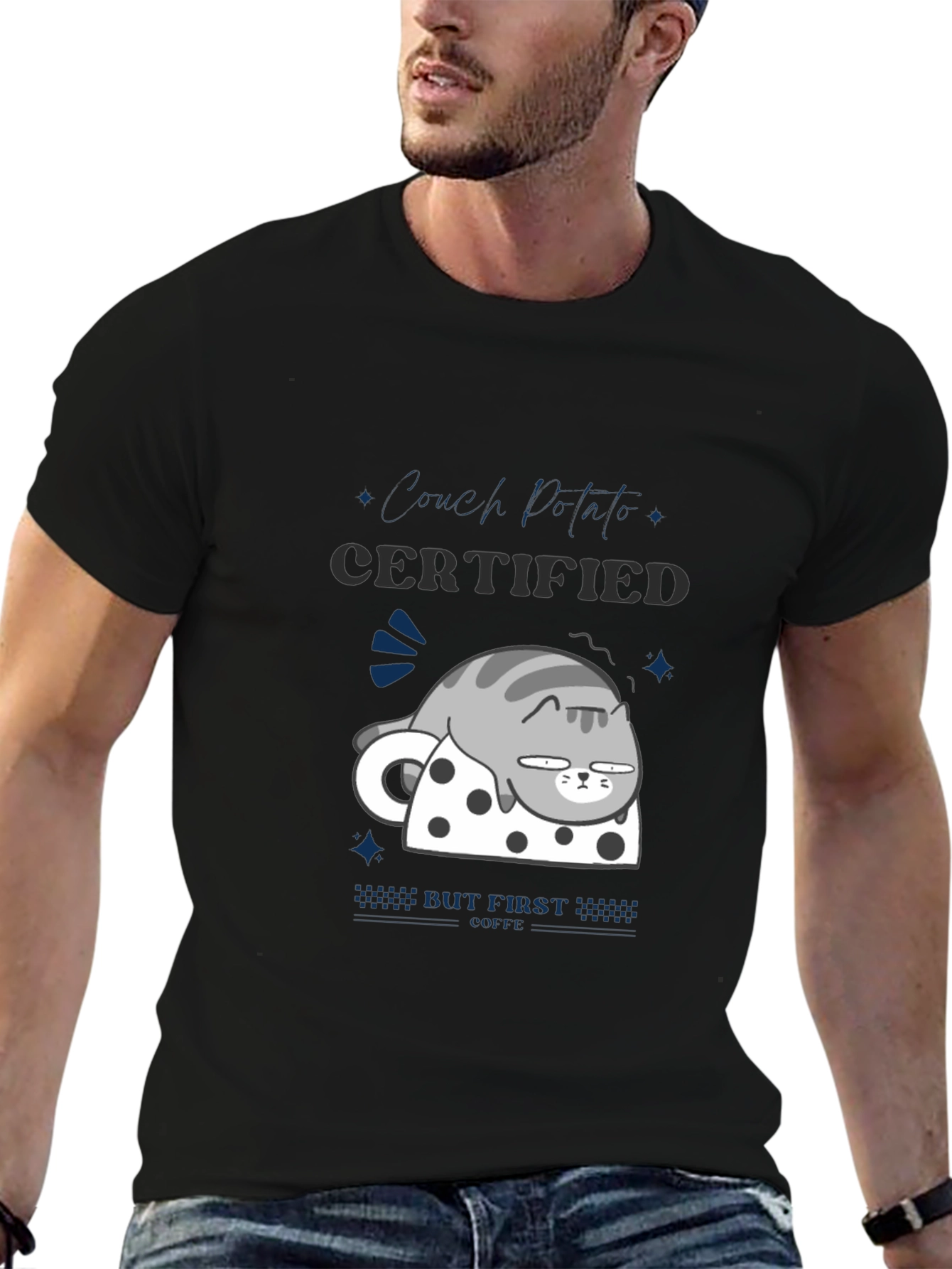 Black Certified Couch Potato T-Shirt - Funny Cat Design view 6