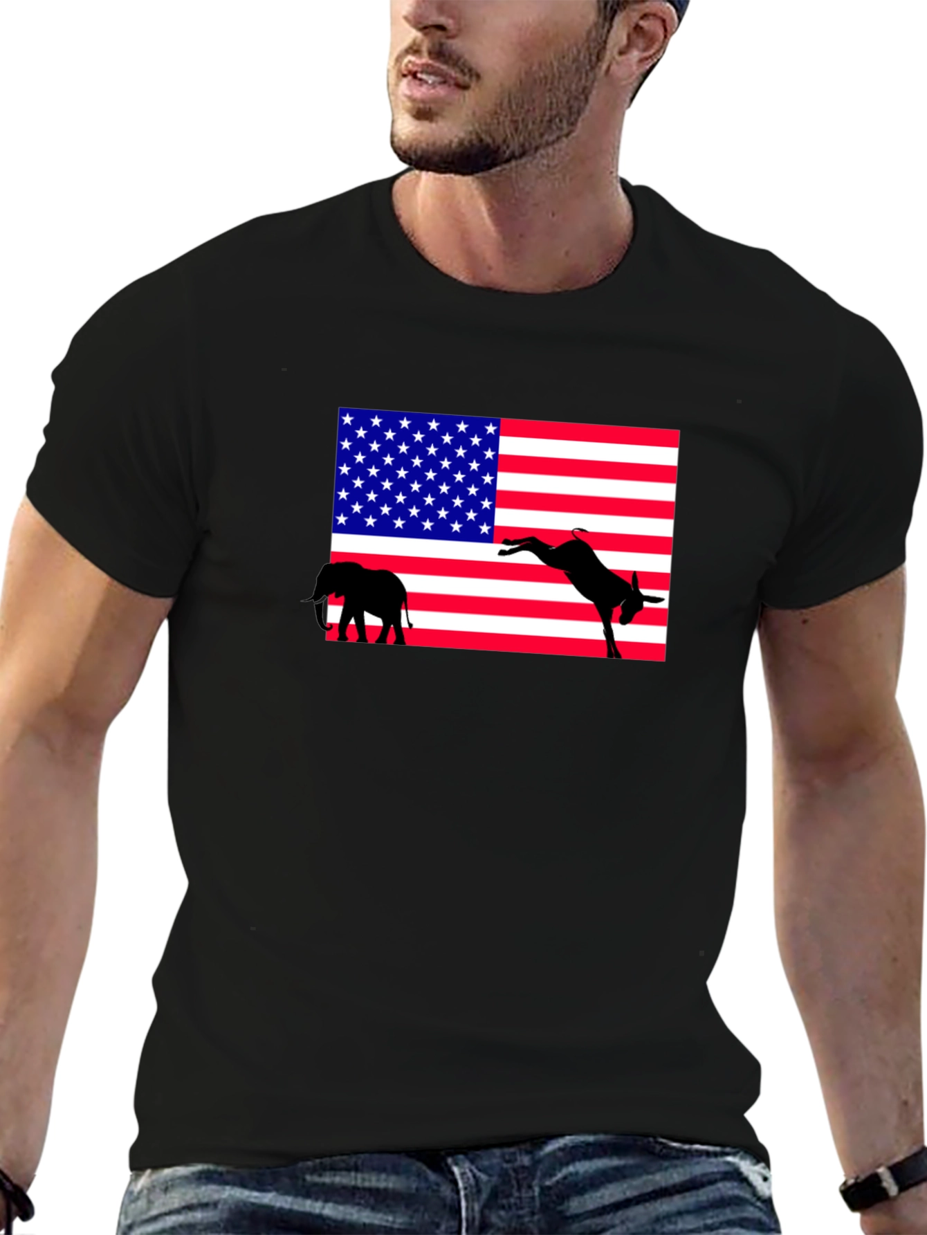 Black Political T-Shirt: Elephant & Donkey American Flag view 6