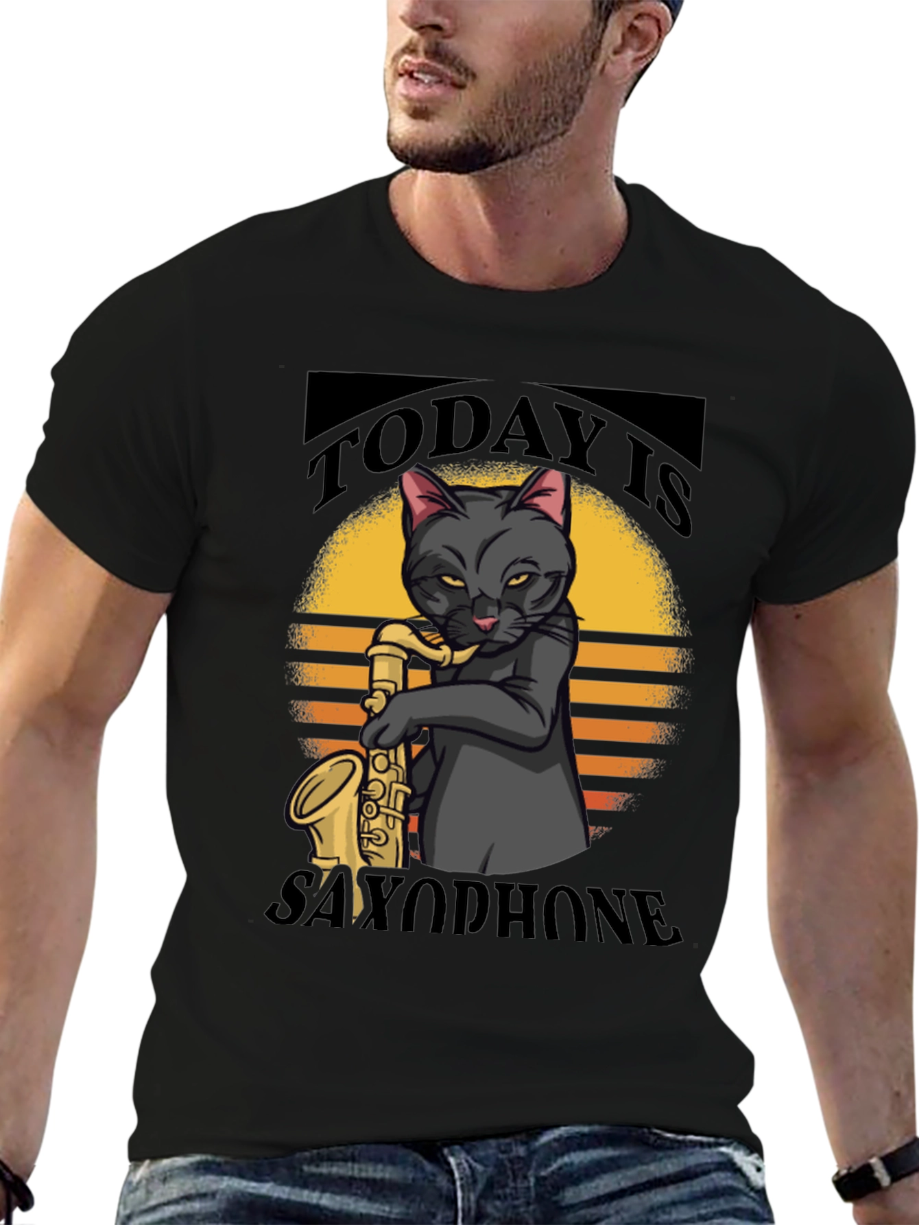 Black Today is Saxophone Cat T-Shirt view 6